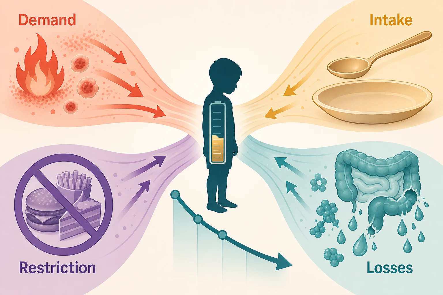 Mechanism of disease-related malnutrition: four colour-coded streams flowing into a central child silhouette whose growth-chart arrow curves downward, a coral Demand stream with flames and inflammation arrows, an amber Intake stream with an empty spoon and untouched plate, a teal Losses stream with a leaking intestine and protein droplets, and a purple Restriction stream with a crossed-out food symbol, all converging on the shrinking child