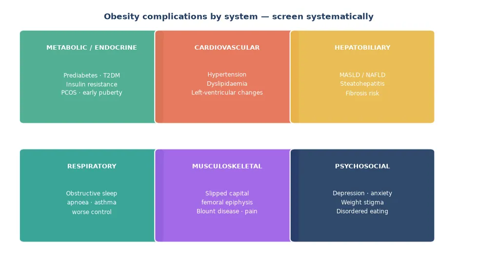 Six-system grid of obesity complications: metabolic/endocrine (prediabetes, type 2 diabetes, insulin resistance, PCOS, early puberty), cardiovascular (hypertension, dyslipidaemia, left-ventricular changes), hepatobiliary (MASLD/NAFLD, steatohepatitis, fibrosis), respiratory (obstructive sleep apnoea, worse asthma), musculoskeletal (slipped capital femoral epiphysis, Blount disease, pain), and psychosocial (depression, anxiety, weight stigma, disordered eating).