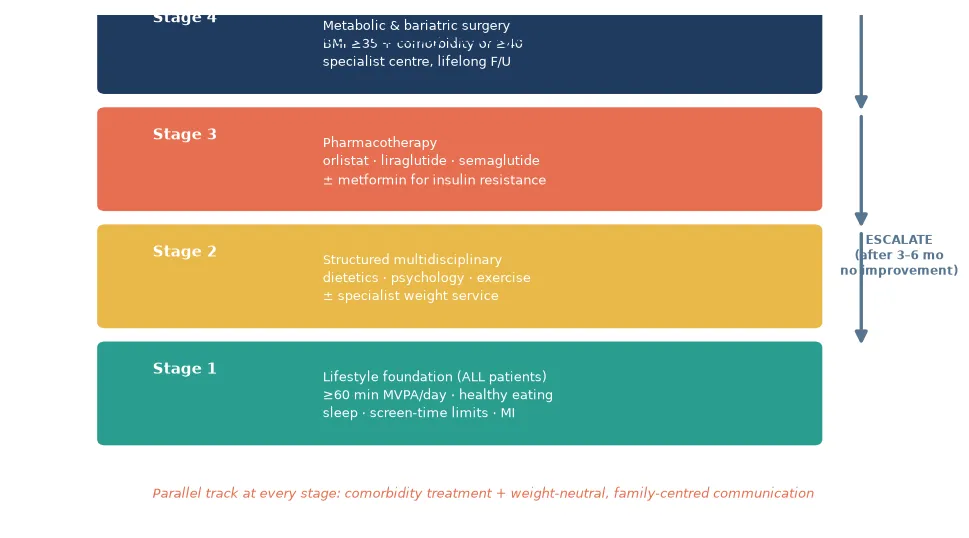 A staged management ladder: Stage 1 lifestyle foundation at the base, escalating through Stage 2 structured multidisciplinary weight management, Stage 3 pharmacotherapy (orlistat, liraglutide, semaglutide, metformin), and Stage 4 metabolic and bariatric surgery, with an escalation arrow on the right and a parallel comorbidity-treatment and weight-neutral-communication track beneath.