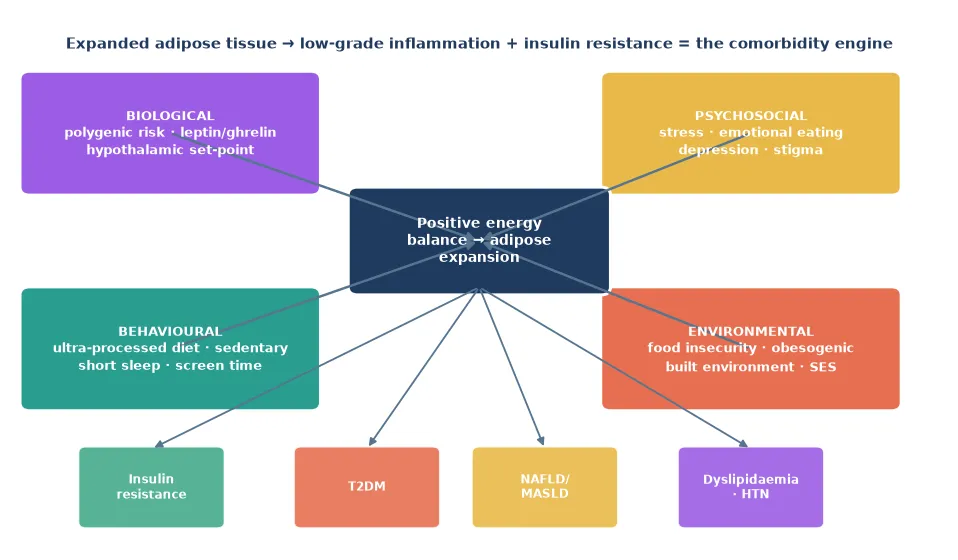 Four input domains — Biological, Behavioural, Psychosocial and Environmental — each with contributing factors, converging through arrows on a central positive-energy-balance hub, with downstream arrows to comorbidity boxes (insulin resistance, type 2 diabetes, MASLD/NAFLD, dyslipidaemia, hypertension).
