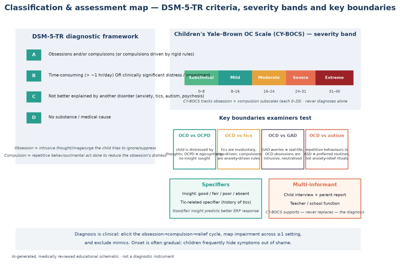 Educational schematic of paediatric OCD diagnostic criteria, CY-BOCS severity bands and key boundary distinctions from OCPD, tics, GAD and autism