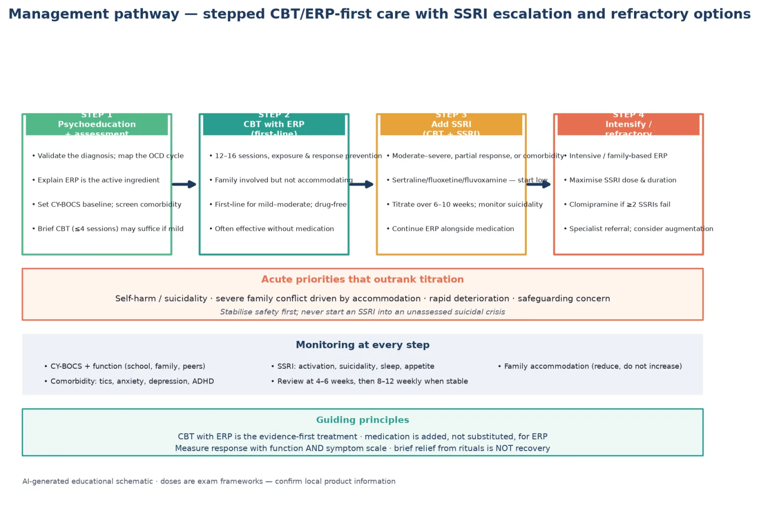 Educational flowchart of stepped paediatric OCD management from psychoeducation and brief CBT through CBT with ERP SSRI escalation and refractory intensive options with monitoring