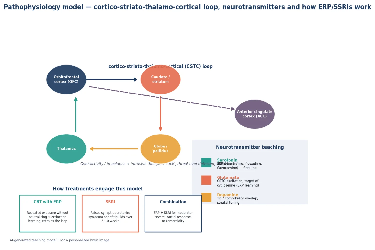 Educational schematic of the cortico-striato-thalamo-cortical circuit model in paediatric OCD with serotonin glutamate and dopamine neurotransmitters and how CBT/ERP and SSRIs engage the model
