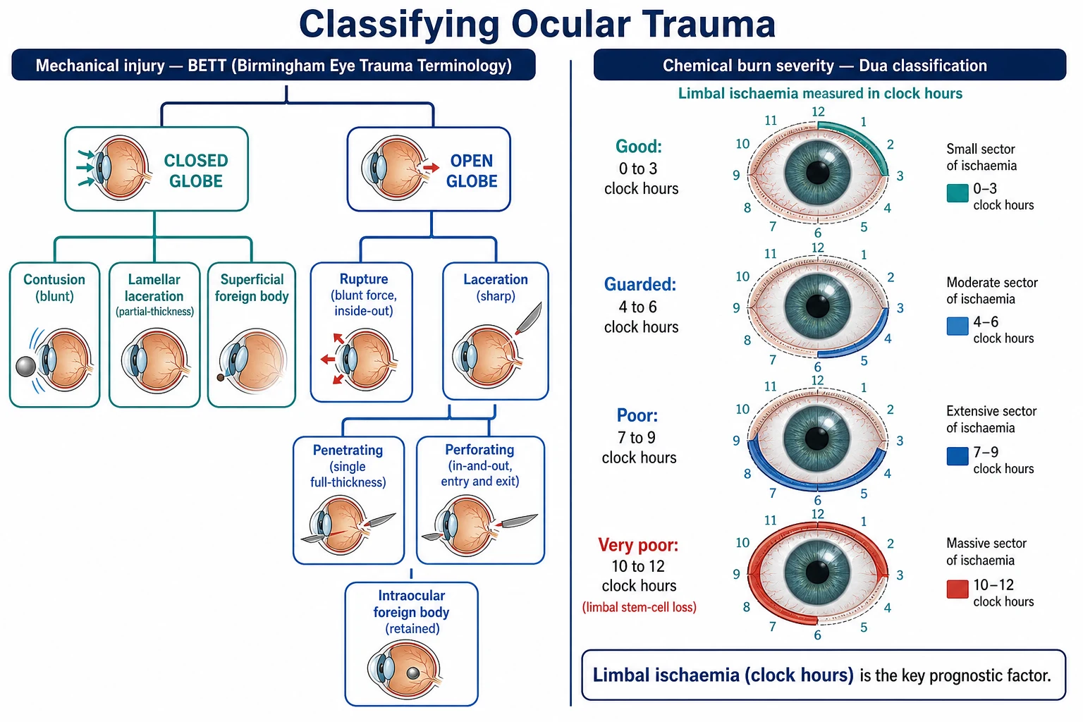 Two-section schematic of ocular trauma classification. Left: the BETT tree dividing closed globe (contusion, lamellar laceration, superficial foreign body) from open globe (rupture from blunt inside-out force, and laceration from a sharp object, which is penetrating for an entrance only or perforating for an entrance and exit, with a retained intraocular foreign body). Right: the Dua classification of chemical-burn severity graded by clock hours of limbal ischaemia drawn on a clock-face limbus, from 0 to 3 clock hours good, 4 to 6 guarded, 7 to 9 poor, and 10 to 12 very poor with limbal stem-cell loss, with a caption that limbal ischaemia in clock hours is the key prognostic factor.