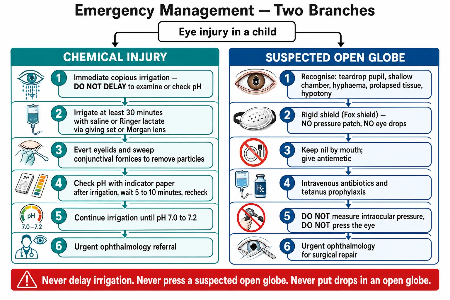 Two-branch emergency-management flowchart. Left, teal branch, Chemical injury: 1 immediate copious irrigation, do not delay to examine or check pH; 2 irrigate at least 30 minutes with saline or Ringer lactate via giving set or Morgan lens; 3 evert eyelids and sweep conjunctival fornices to remove particles; 4 check pH with indicator paper after irrigation, wait 5 to 10 minutes, recheck; 5 continue irrigation until pH 7.0 to 7.2; 6 urgent ophthalmology referral. Right, deep-blue branch, Suspected open globe: 1 recognise teardrop pupil, shallow chamber, hyphema, prolapsed tissue, hypotony; 2 rigid Fox shield, no pressure patch, no eye drops; 3 keep nil by mouth, give antiemetic; 4 intravenous antibiotics and tetanus prophylaxis; 5 do not measure intraocular pressure, do not press the eye; 6 urgent ophthalmology for surgical repair. A red warning bar reads never delay irrigation, never press a suspected open globe, never put drops in an open globe.