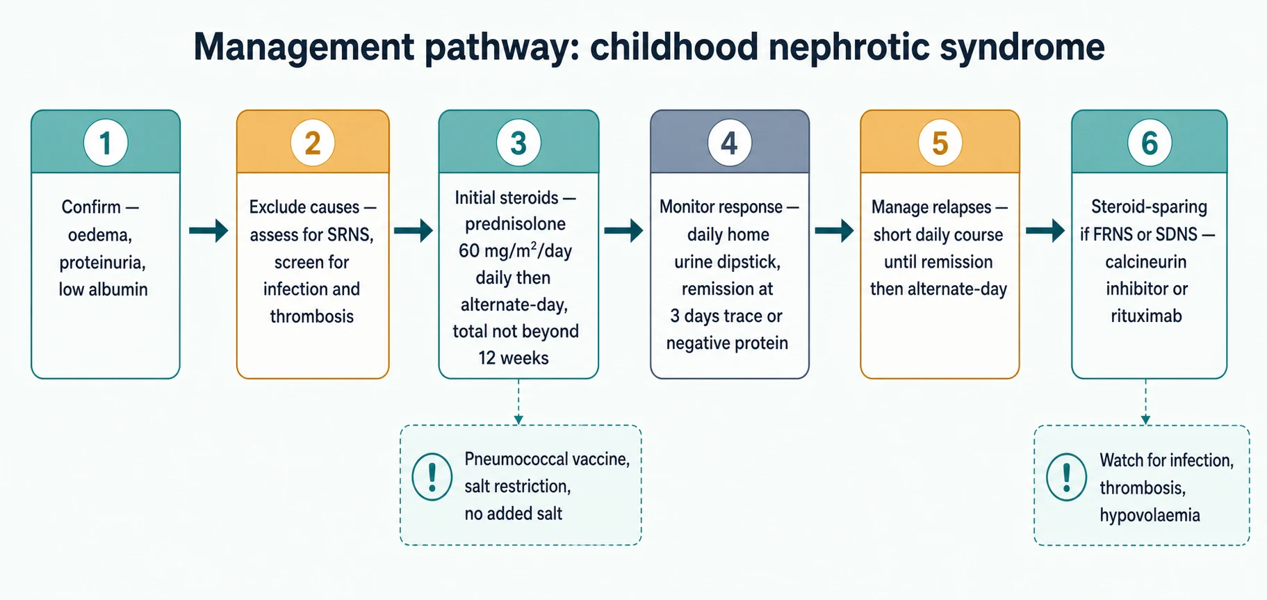 Six-step management pathway from confirmation through exclusion of atypical causes, the initial prednisolone course, monitoring of home urine dipstick, relapse management, and steroid-sparing therapy for frequently-relapsing or steroid-dependent disease.