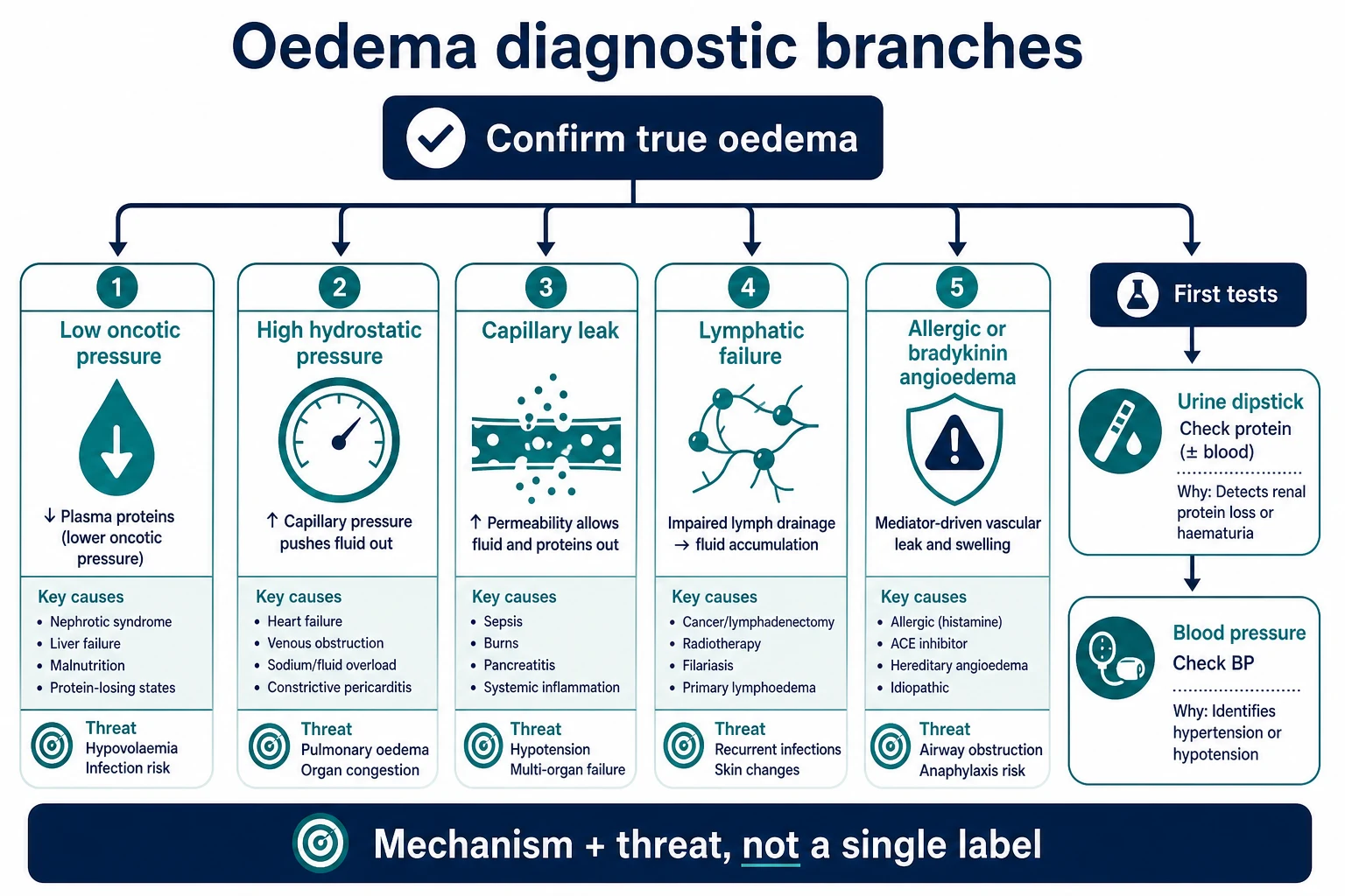 Diagnostic branch diagram for paediatric oedema with five mechanism buckets and urine dipstick plus blood pressure first tests