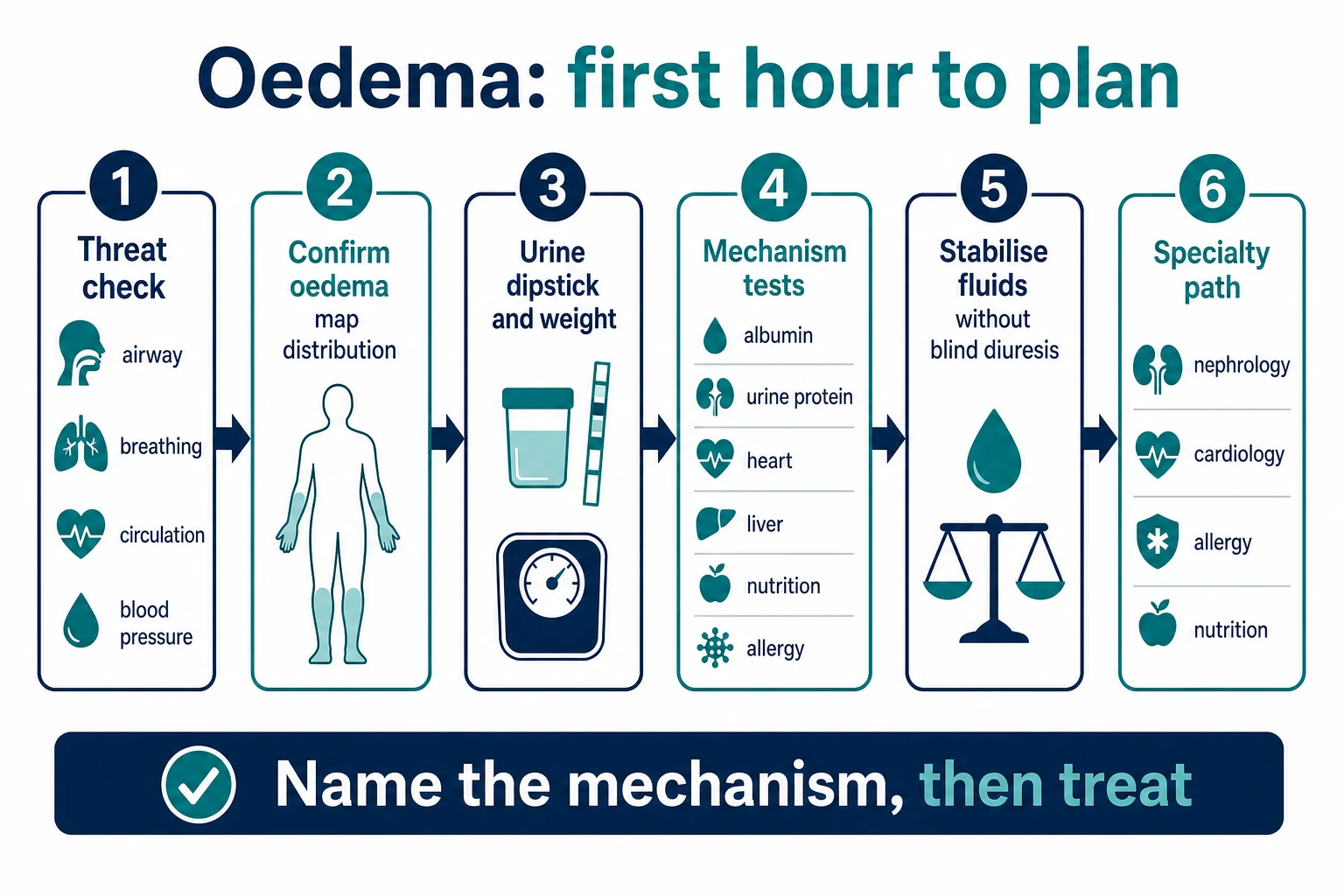 Six-step algorithm from threat check through urine and mechanism tests to stabilisation and specialty referral for paediatric oedema