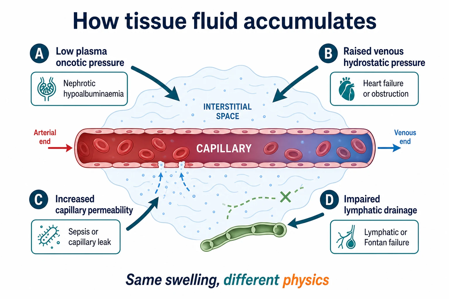 Capillary schematic showing low oncotic pressure, raised hydrostatic pressure, capillary leak and impaired lymphatic drainage causing interstitial fluid