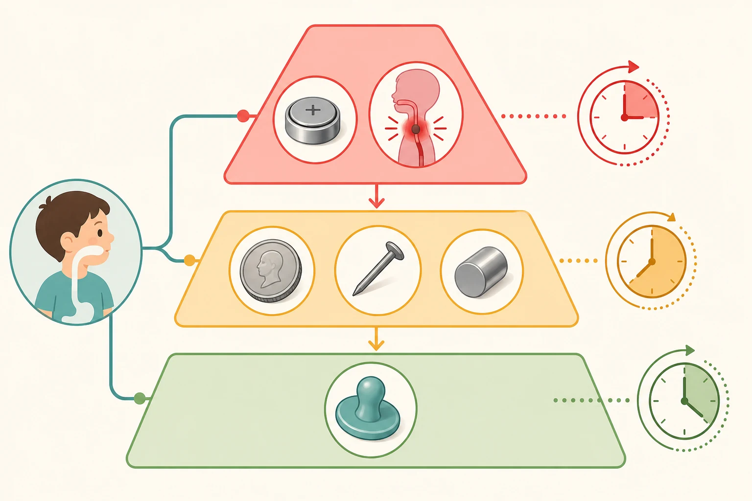 Reviewed educational schematic of the urgency pyramid for paediatric foreign-body ingestion, with an emergency red tier at the apex for oesophageal button battery and complete oesophageal obstruction within two hours, an urgent amber middle tier for oesophageal coins and sharp objects within twenty-four hours, and a green observation base for blunt gastric objects below threshold size