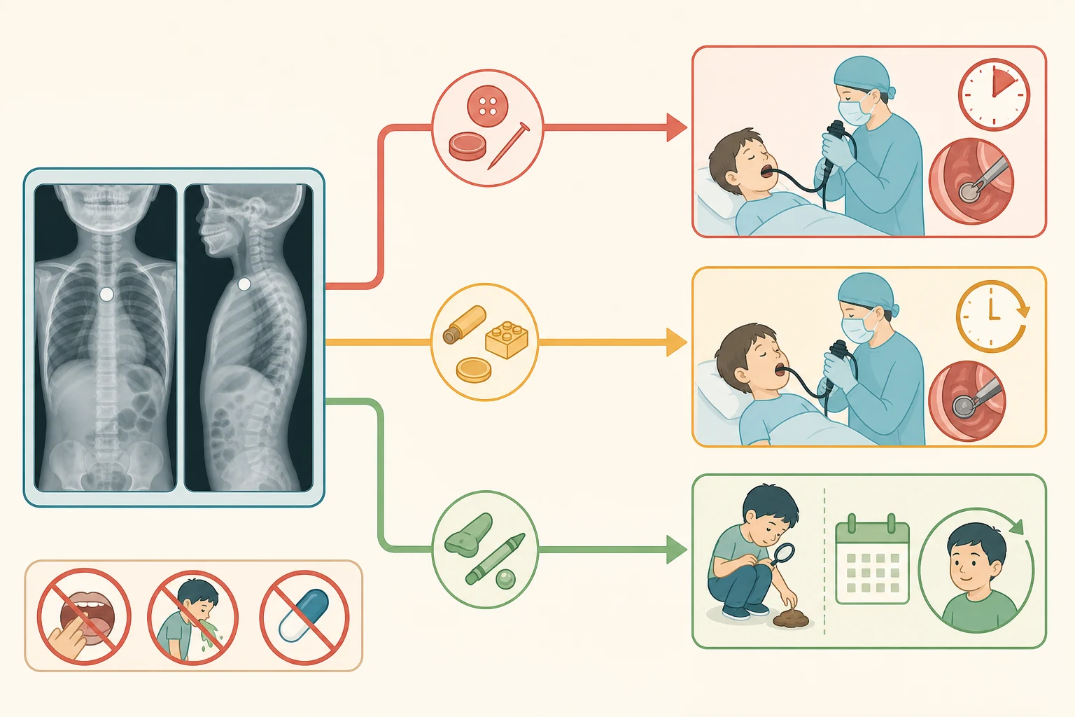 Reviewed educational schematic of the stepwise management pathway for paediatric foreign-body ingestion, starting with anteroposterior and lateral radiograph, branching into emergency endoscopy within two hours for oesophageal battery or complete obstruction, urgent endoscopy within twenty-four hours for oesophageal coins and sharp objects, and observation with stool checking and repeat radiograph at four weeks for blunt gastric objects