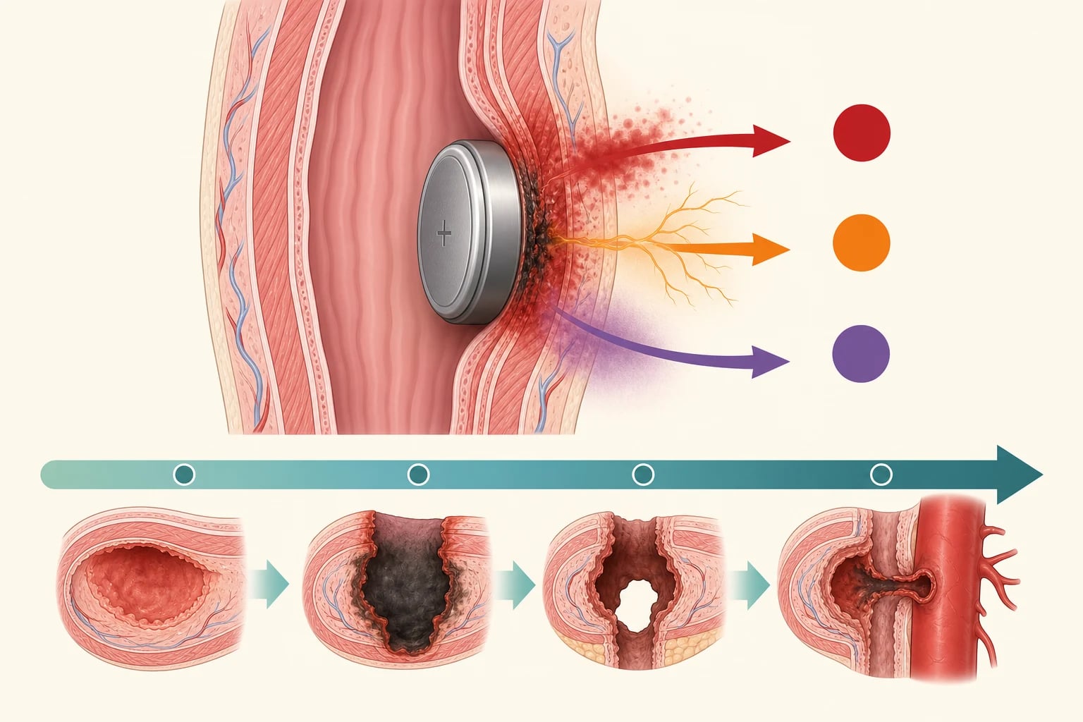 Reviewed educational schematic of button-battery oesophageal injury mechanisms, showing a disc battery lodged against the oesophageal wall with three labelled arrows for electrolytic hydroxide generation causing alkaline necrosis, local current injury, and pressure necrosis, and a timeline arrow from hours to days showing perforation and aorto-oesophageal fistula