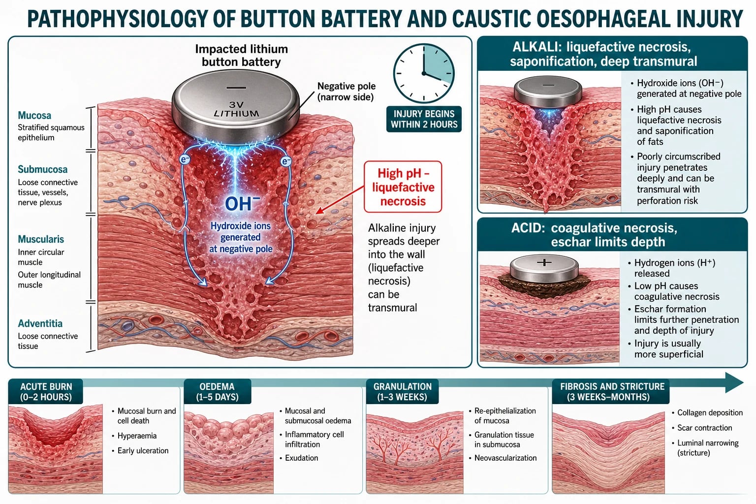 Pathophysiology diagram of button battery and caustic oesophageal injury showing hydroxide ions generated at the battery negative pole producing high pH liquefactive necrosis through the oesophageal wall layers, with alkali liquefactive versus acid coagulative mechanism boxes and a timeline from acute burn to oedema to fibrosis and stricture