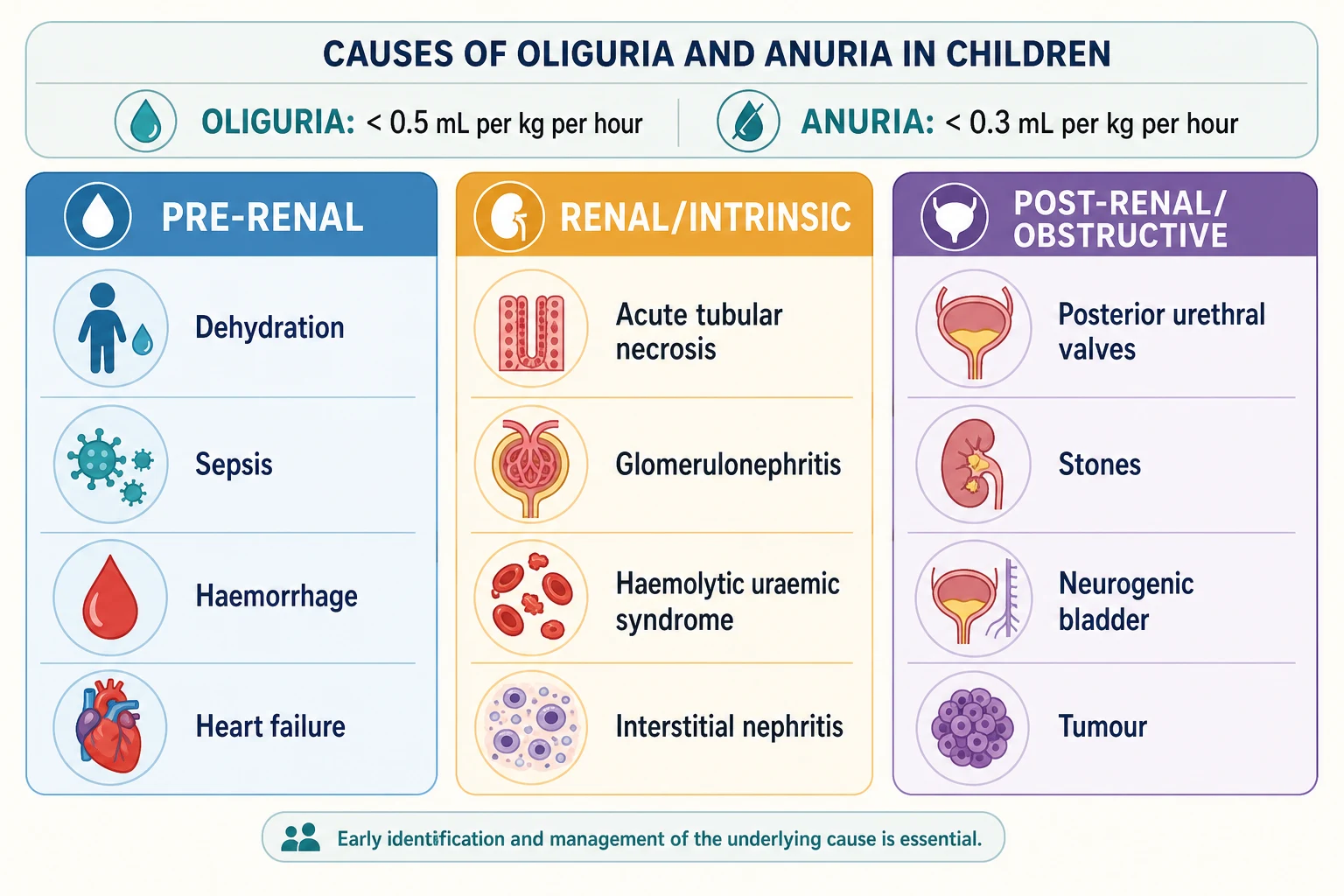 A three-column infographic classifying the causes of oliguria and anuria in children on a soft off-white background, with a header band stating urine output thresholds of oliguria below 0.5 mL per kg per hour and anuria below 0.3 mL per kg per hour, a blue pre-renal column showing dehydration, sepsis, haemorrhage, and heart failure, an amber renal or intrinsic column showing acute tubular necrosis, glomerulonephritis, haemolytic uraemic syndrome, and interstitial nephritis, and a purple post-renal or obstructive column showing posterior urethral valves, stones, neurogenic bladder, and tumour, each with simple flat icons.