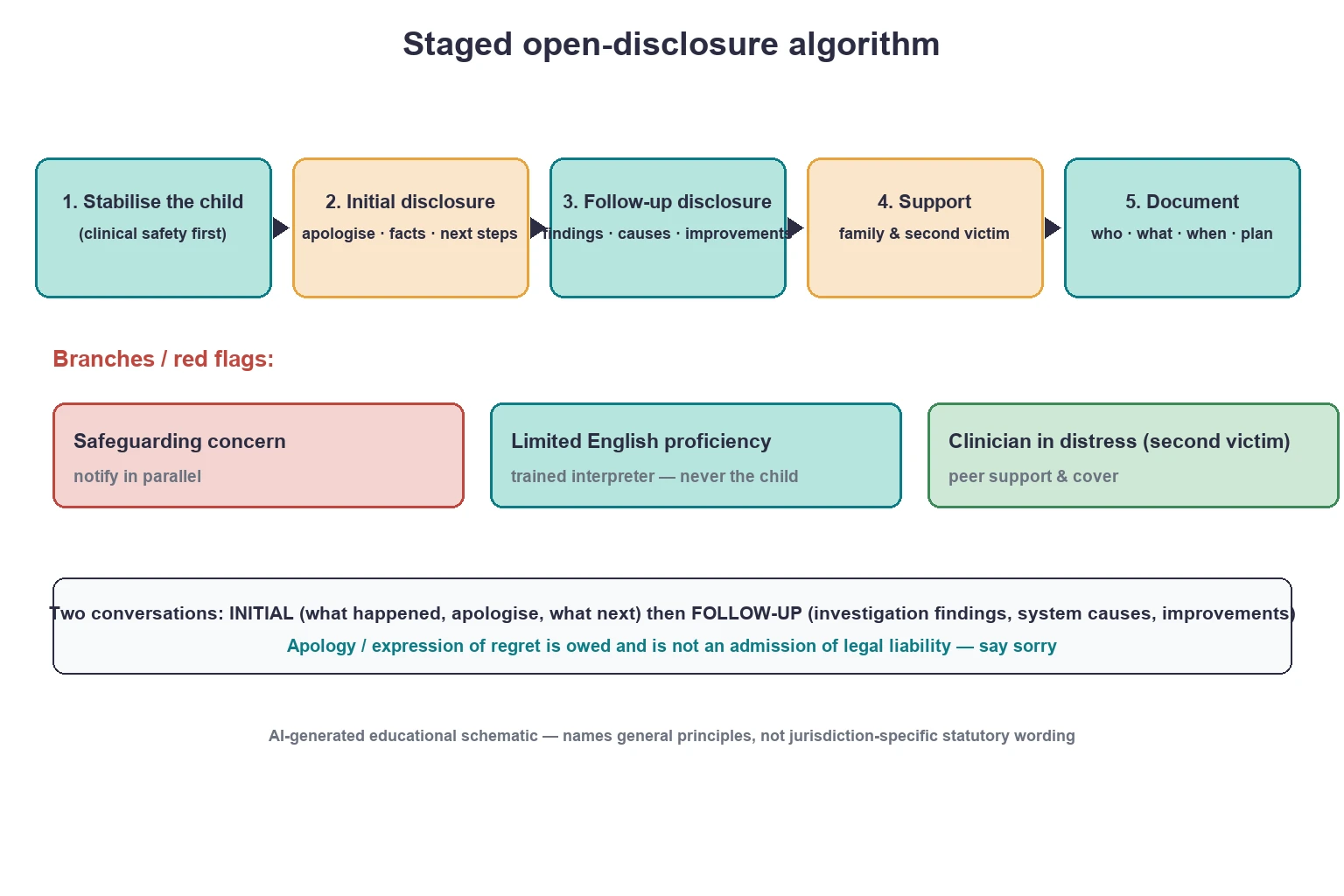 Educational algorithm showing the staged open-disclosure process with branches for safeguarding, language access and clinician distress