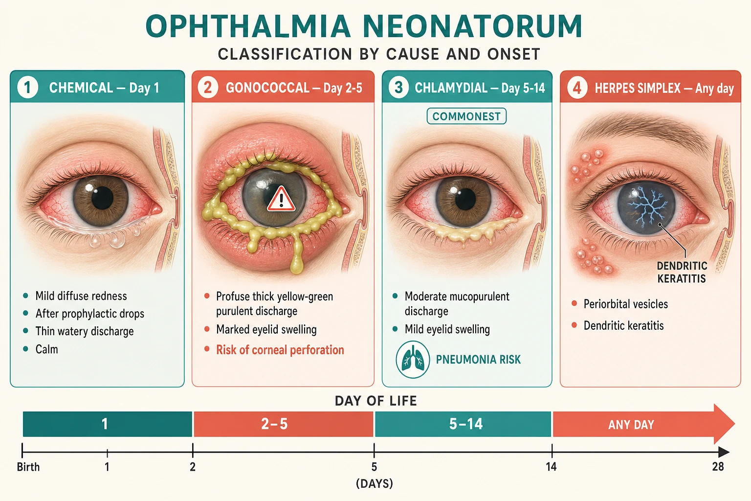 Four-panel schematic of ophthalmia neonatorum over a day-of-life timeline: chemical conjunctivitis at day 1 with mild watery discharge following prophylactic drops; gonococcal disease at day 2 to 5 with profuse purulent discharge, marked lid oedema and chemosis and a corneal-perforation warning; chlamydial disease at day 5 to 14 with mucopurulent discharge and a staccato-cough pneumonia icon; herpes simplex at any day with periocular vesicles, watery discharge and a dendritic corneal ulcer on fluorescein staining.