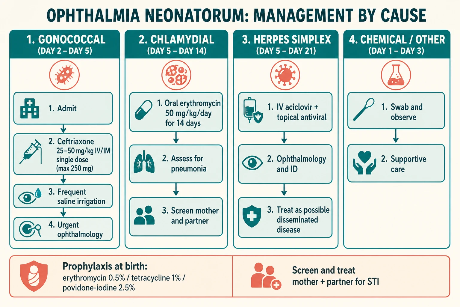 Stepwise four-column management pathway: gonococcal — admit, single-dose ceftriaxone 25 to 50 mg per kilogram (max 250 mg) or cefotaxime if jaundiced or premature, frequent saline irrigation, urgent ophthalmology; chlamydial — oral erythromycin 50 mg per kilogram per day for 14 days, assess for pneumonia, screen and treat mother; herpes simplex — intravenous aciclovir with topical antiviral, full systemic evaluation, ophthalmology and infectious diseases; chemical — swab, observe, supportive care. A footer row shows birth prophylaxis with erythromycin or tetracycline ointment or 2.5 percent povidone-iodine, and maternal and partner screening.