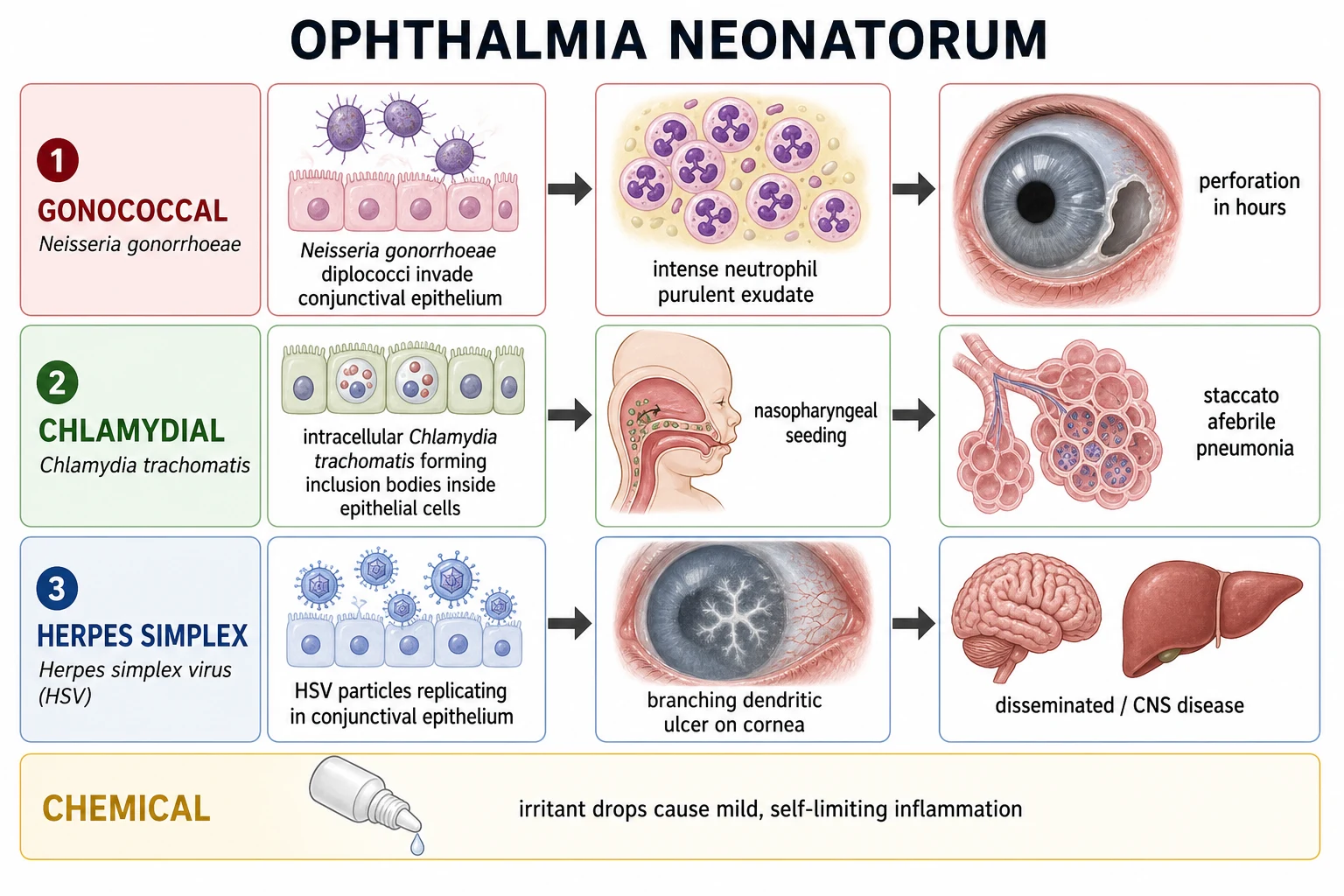 Left-to-right pathophysiology cascade: gonococcal epithelial invasion with neutrophil-rich pus eroding through corneal epithelium and stroma to perforation; chlamydial intracellular replication forming inclusion bodies in conjunctival epithelium with nasopharyngeal seeding descending to a staccato afebrile pneumonia; herpes simplex replication in surface epithelium producing a branching dendritic ulcer with arrows to skin-eye-mouth, central-nervous-system and disseminated disease; and a self-limiting chemical lane showing prophylactic-drop irritation resolving spontaneously.