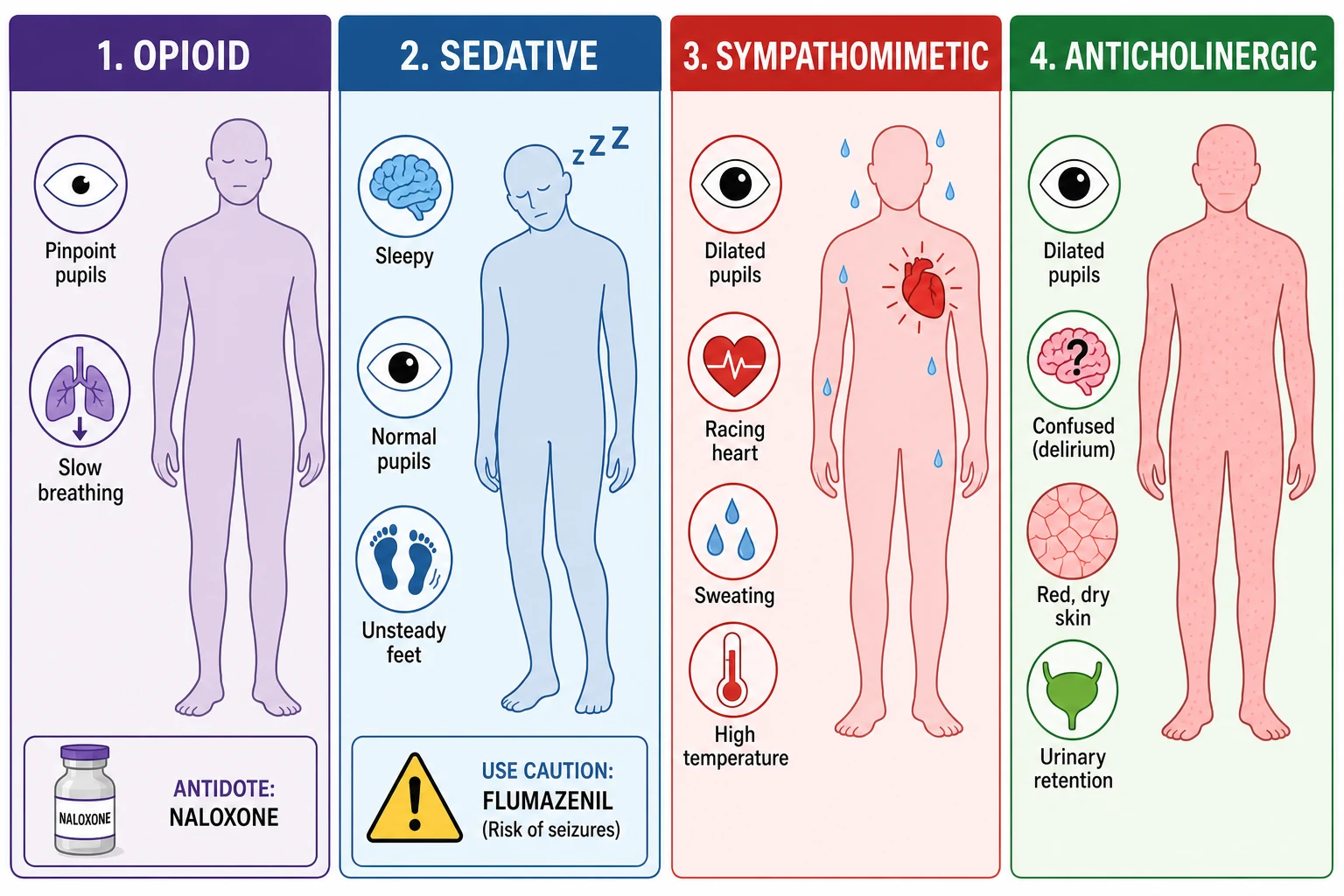Reviewed educational schematic contrasting four core toxidromes in columns: opioid with pinpoint pupils, respiratory depression and naloxone; sedative-hypnotic with sedation, near-normal pupils and a flumazenil caution triangle; sympathomimetic with mydriasis, tachycardia and hypertension; and anticholinergic with dry flushed skin and delirium, each with a simple body silhouette and signature icons