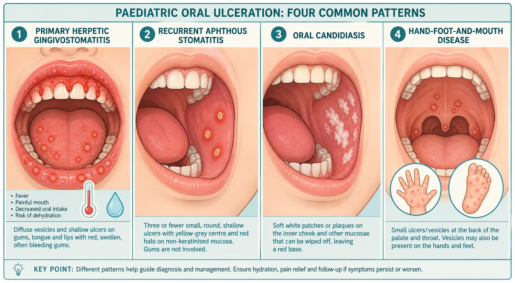 Four-panel cross-section schematic of a child's open mouth showing four patterns of paediatric oral ulceration: primary herpetic gingivostomatitis with red swollen bleeding gums and diffuse shallow vesicles and ulcers across the gums, tongue and lips; recurrent aphthous stomatitis with a few round shallow ulcers on the smooth inner-cheek lining; oral candidiasis with soft white wipeable plaques on a red base; and hand-foot-and-mouth disease with small posterior palate ulcers plus blisters on a hand and foot.