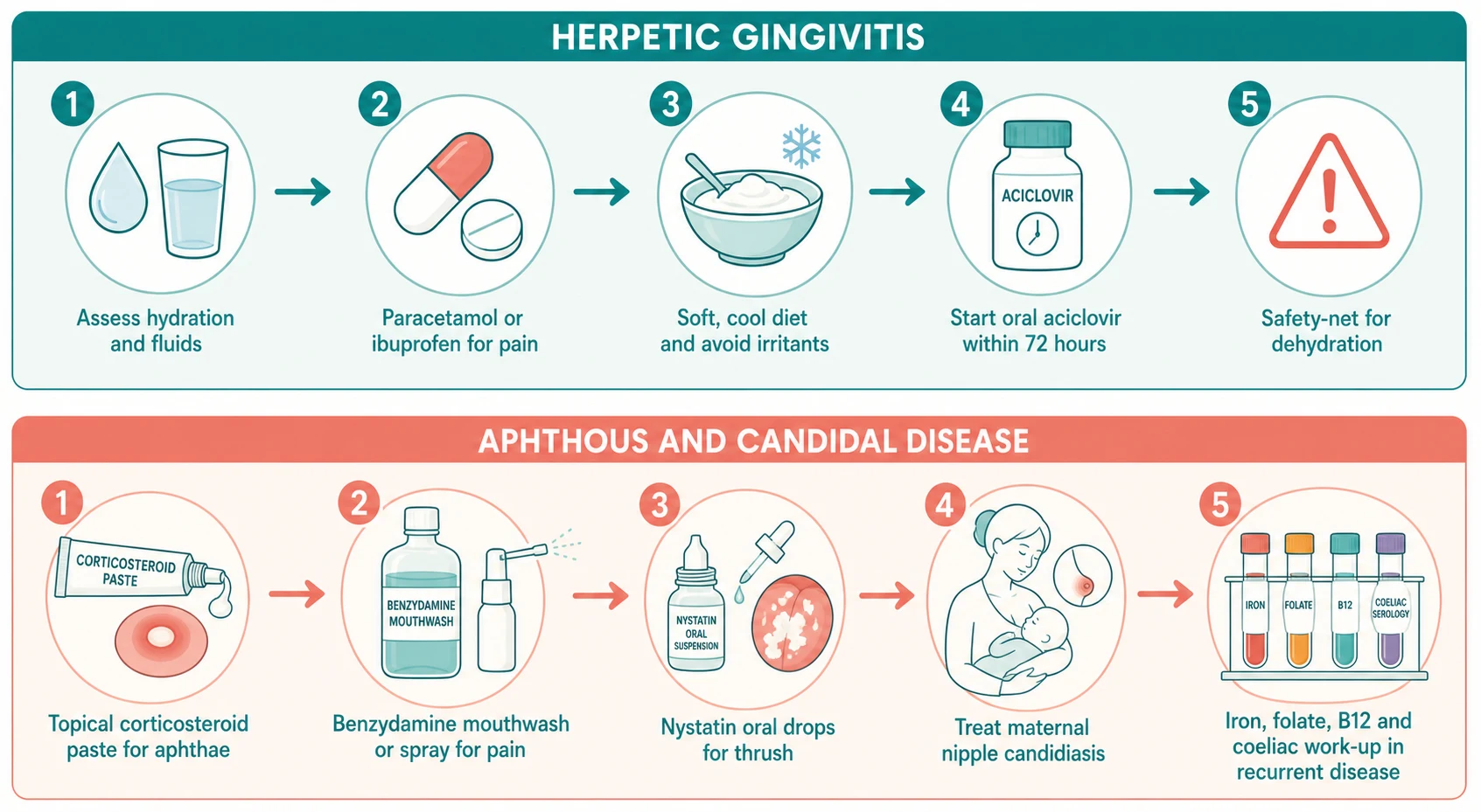 Two-row stepwise management pathway for paediatric oral ulcers: the top row for herpetic gingivostomatitis flows through hydration assessment, analgesia with paracetamol and ibuprofen, a soft cool diet, early oral aciclovir within 72 hours, and a safety-net for dehydration; the bottom row for aphthous and candidal disease flows through topical corticosteroid paste for aphthae, chlorhexidine and benzydamine, nystatin suspension for thrush with treatment of maternal nipple candidiasis and sterilised dummies, and a blood-test work-up panel for iron, folate, B12 and coeliac serology in recurrent disease.