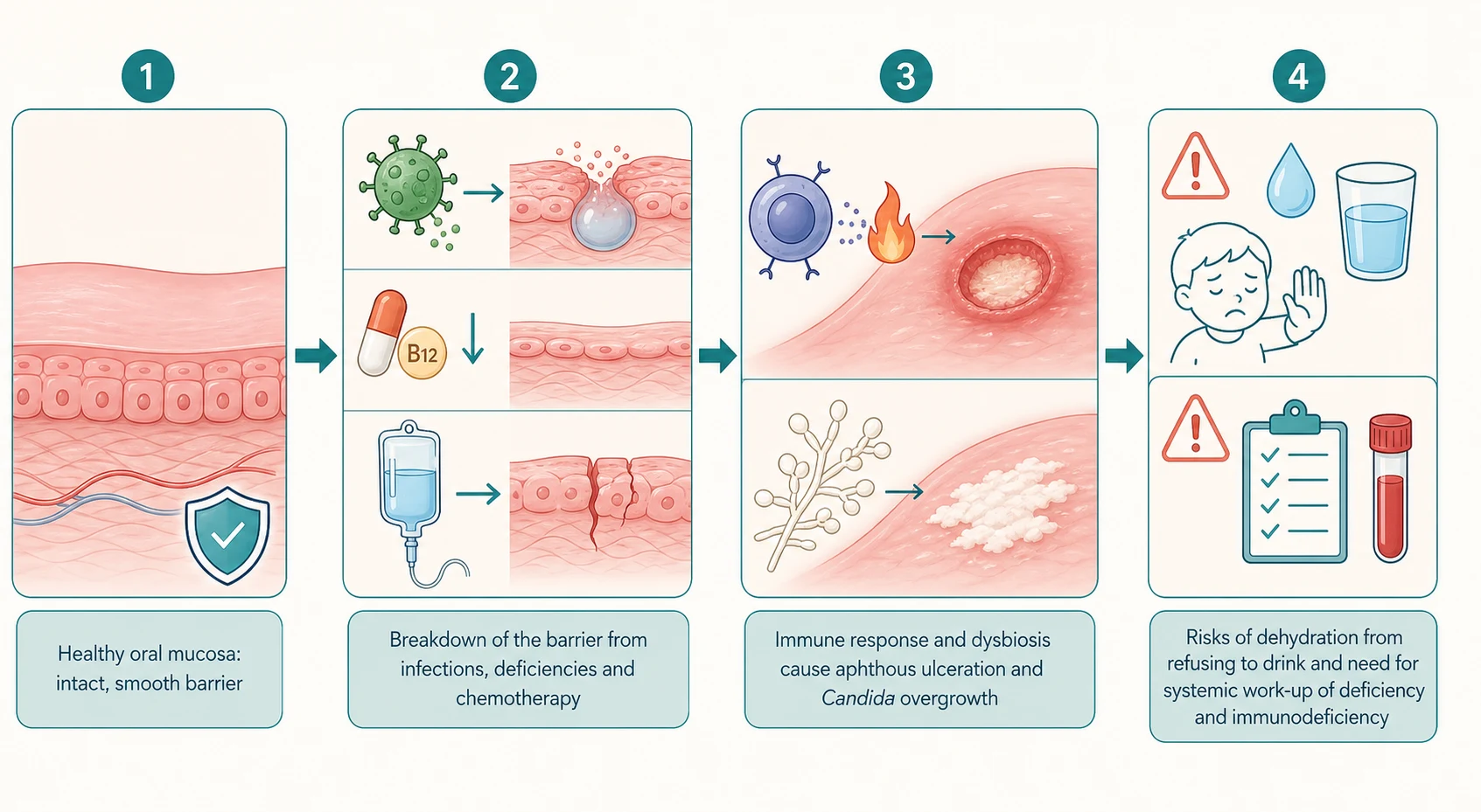 Left-to-right pathophysiology cascade of paediatric oral ulcers: a healthy oral mucosa with an intact pink epithelial barrier; then three arrows breaking it — a herpes simplex virus particle lysing keratinocytes into vesicles, a nutritional deficiency symbol of low iron and vitamin B12 thinning the epithelium, and a chemotherapy drip causing mucosal breakdown; then a T-cell and cytokine-driven aphthous ulcer on the non-keratinised buccal mucosa, and Candida albicans hyphae forming a white plaque where normal flora is lost; the right panel flags dehydration from refusal to drink and the systemic work-up of deficiency and immunodeficiency.