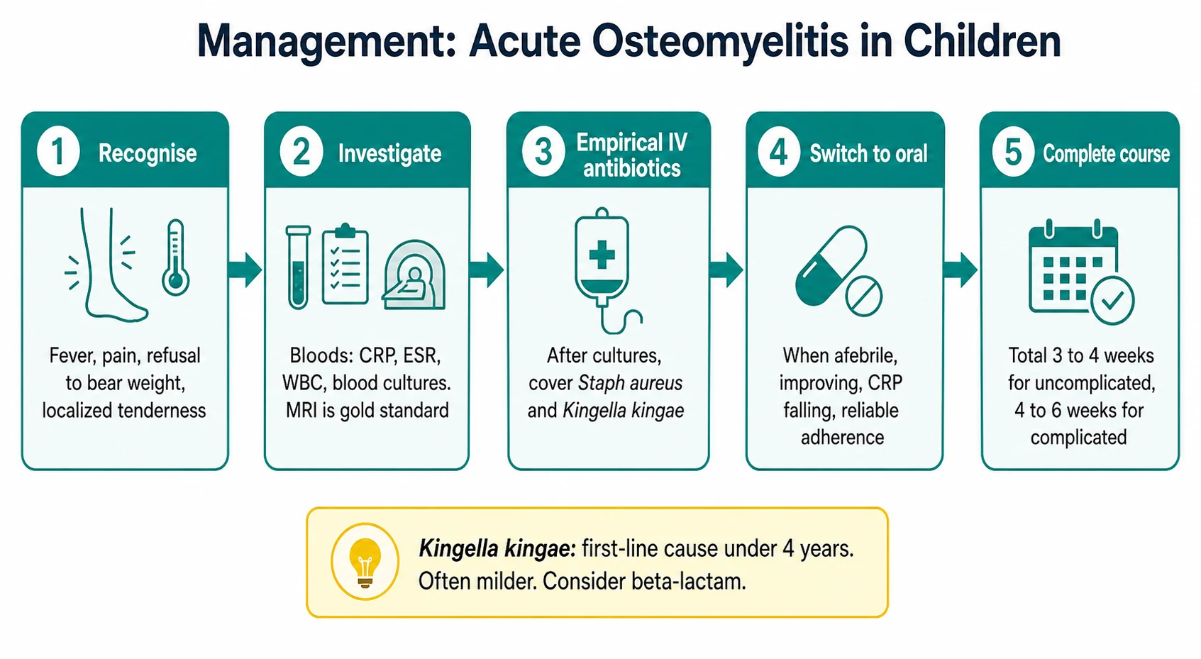 Horizontal stepwise clinical pathway titled Management Acute Osteomyelitis in Children. Five numbered teal boxes connected by arrows. Box 1 Recognise with subtext fever pain refusal to bear weight localized tenderness. Box 2 Investigate with subtext Bloods CRP ESR WBC blood cultures MRI is gold standard. Box 3 Empirical IV antibiotics with subtext After cultures cover Staph aureus and Kingella kingae. Box 4 Switch to oral with subtext When afebrile improving CRP falling reliable adherence. Box 5 Complete course with subtext Total 3 to 4 weeks for uncomplicated 4 to 6 weeks for complicated. Below a yellow note box reads Kingella kingae first-line cause under 4 years often milder consider beta-lactam.