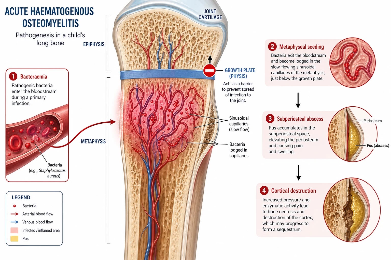 Cross-section of a child's long bone shown vertically with the growth plate as a horizontal blue bar. Red bacteria dots arrive via bloodstream into capillary loops of the metaphysis, highlighted with red glow. Four labelled steps with arrows: Step 1 Bacteraemia showing bacteria in blood vessels, Step 2 Metaphyseal seeding showing bacteria in slow-flowing sinusoidal capillaries below growth plate, Step 3 Subperiosteal abscess showing pus collecting under lifted periosteum, Step 4 Cortical destruction showing bone breakdown. Growth plate acts as barrier blocking spread to joint.