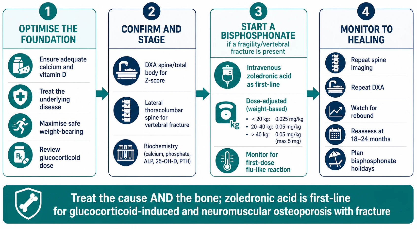 Four-step management algorithm: optimise the foundation of calcium, vitamin D and weight-bearing; confirm and stage with DXA and lateral spine; start a weight-based intravenous bisphosphonate for a fragility or vertebral fracture; monitor to healing with repeat imaging and turnover markers
