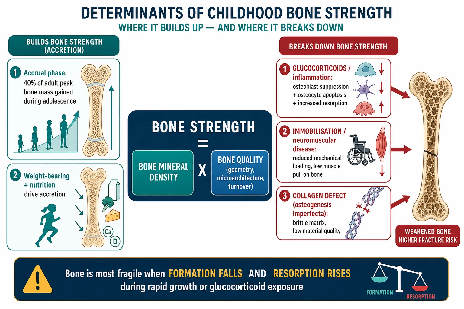Determinants of childhood bone strength: bone mineral density multiplied by bone quality, with glucocorticoids suppressing osteoblasts and killing osteocytes, immobilisation removing mechanical loading through the mechanostat, and collagen defects weakening the matrix