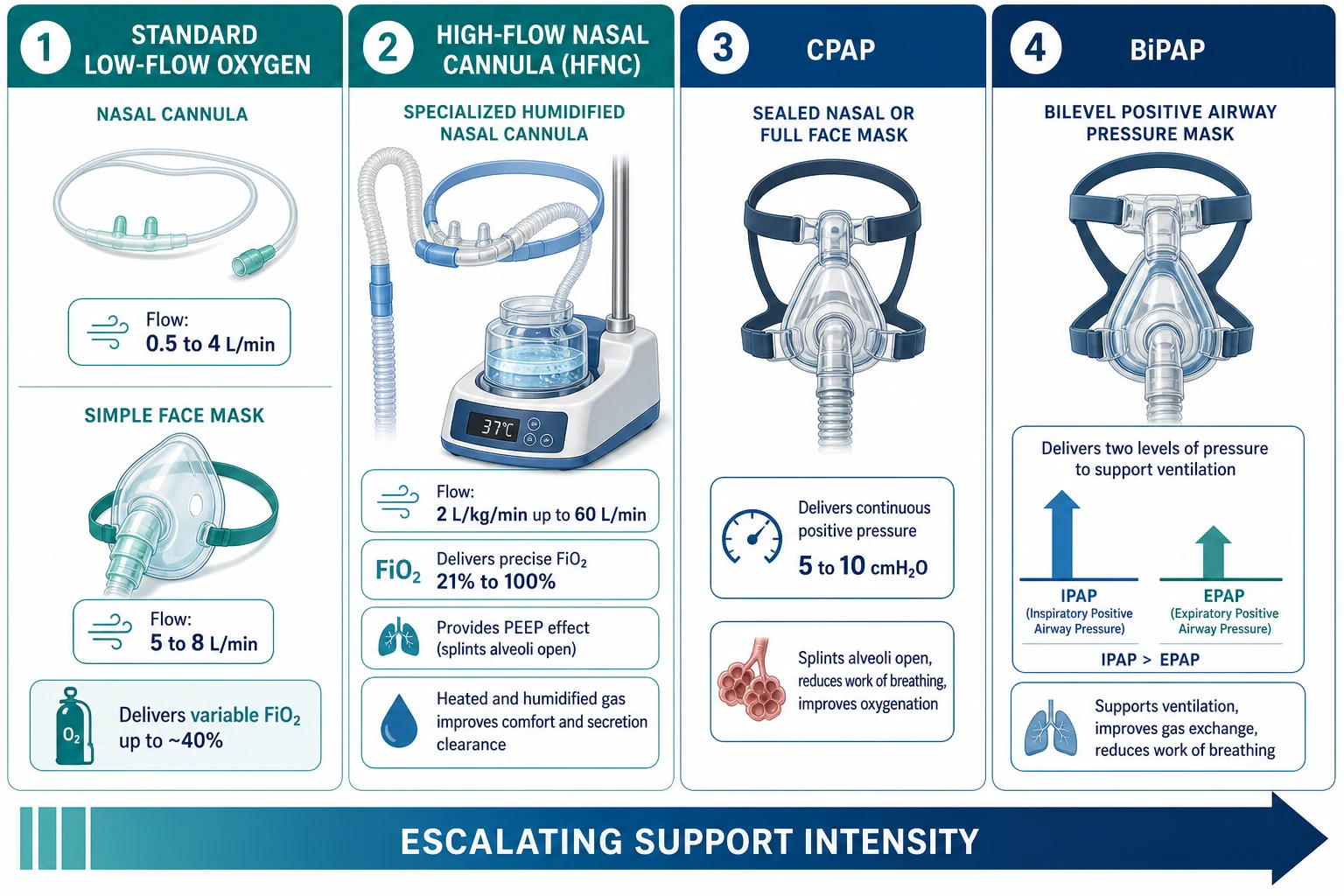 Four-column comparison of low-flow oxygen, high-flow nasal cannula, CPAP and BiPAP showing device type, typical flow and pressure settings, and the function each mode provides, with an escalating support intensity bar at the base