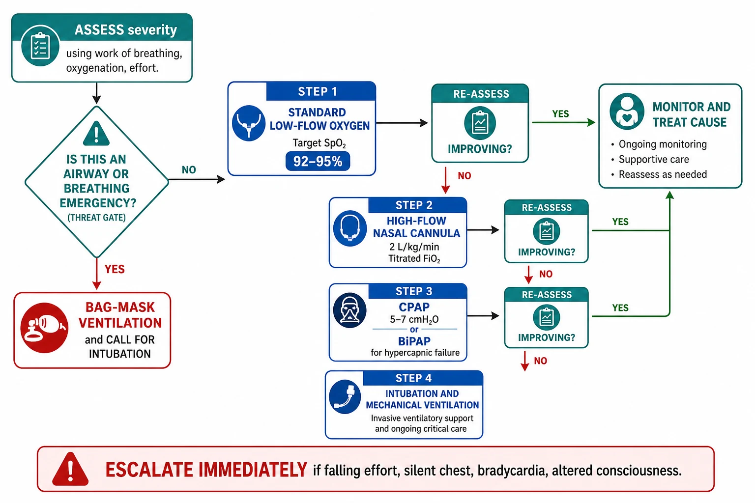 Closed-loop flowchart from assessment through a threat gate to stepwise escalation: standard low-flow oxygen, then high-flow nasal cannula, then CPAP or BiPAP, then intubation, with re-assessment branches and a red escalation-immediately warning box