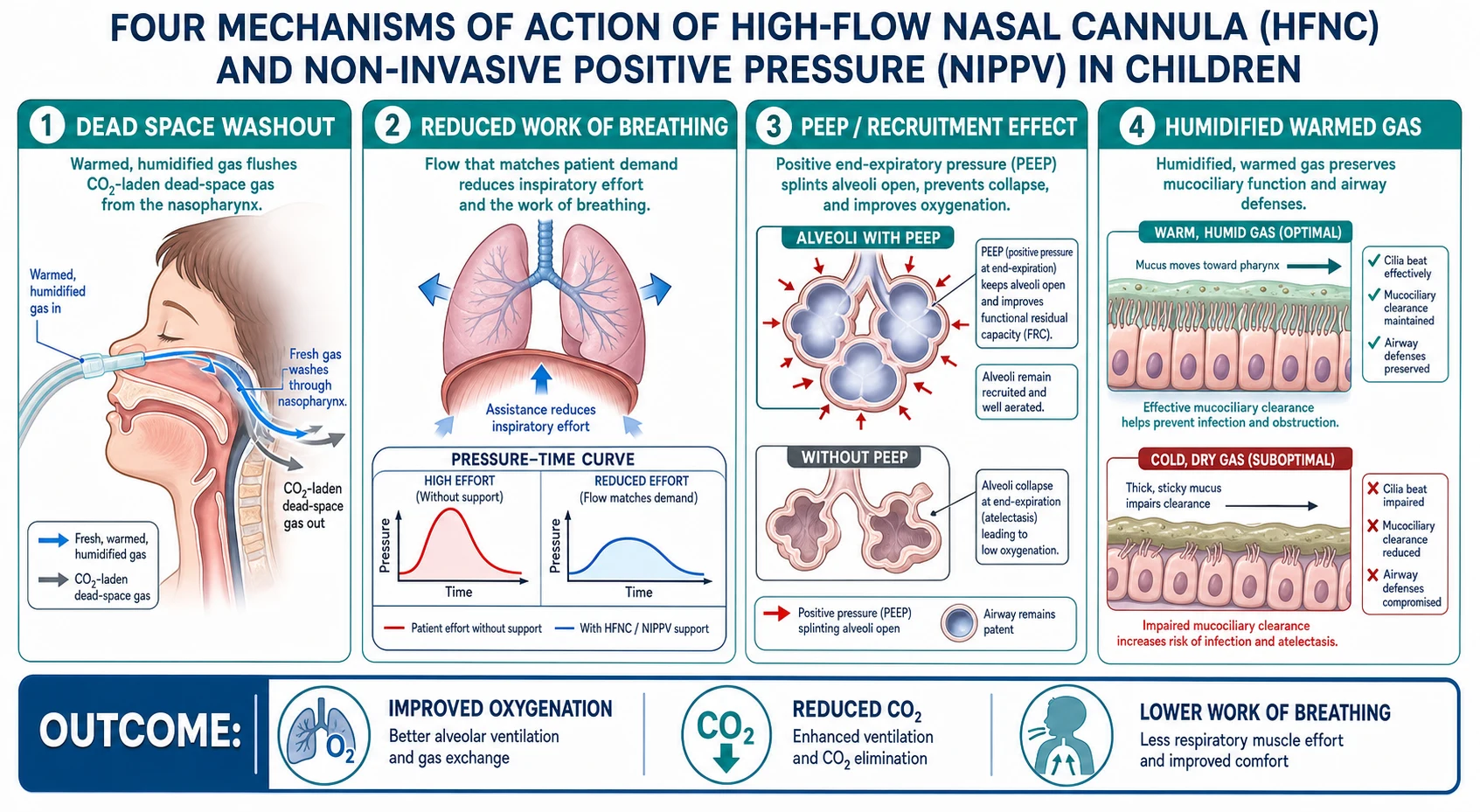 Four-panel schematic showing dead-space washout, reduced work of breathing, PEEP and recruitment effect, and humidified warmed gas preserving mucociliary function