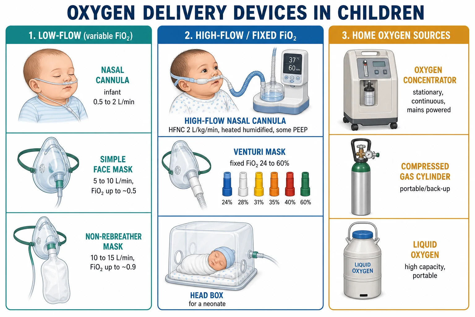Classification of paediatric oxygen delivery devices into three groups. Low-flow variable concentration devices: nasal cannula at half to two litres per minute in infants, simple face mask at five to ten litres per minute delivering up to about half inspired oxygen, and non-rebreather mask with reservoir bag at ten to fifteen litres per minute delivering up to about ninety per cent oxygen. High-flow or fixed concentration devices: heated humidified high-flow nasal cannula at two litres per kilogram per minute with some positive pressure, Venturi mask delivering a fixed twenty-four to sixty per cent, and a head box for the neonate. Home oxygen sources: stationary mains-powered oxygen concentrator, portable compressed gas cylinder for back-up, and high-capacity portable liquid oxygen.