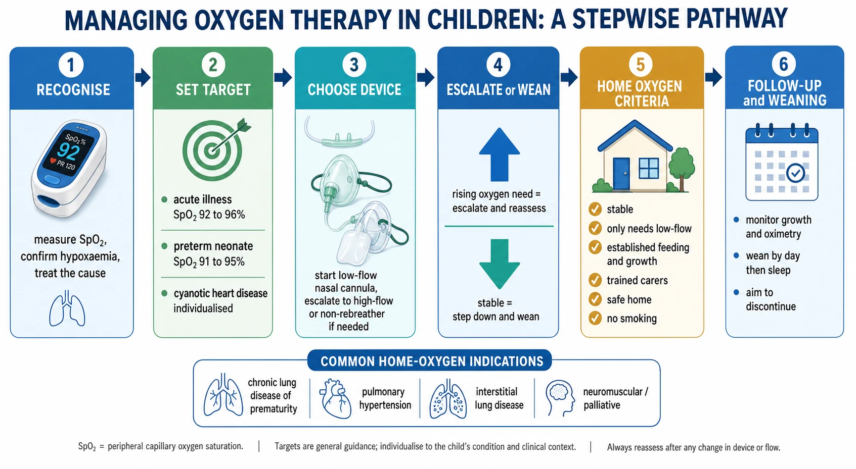 A six-step stepwise pathway for oxygen therapy in children. Step one recognise: measure oxygen saturation, confirm hypoxaemia and treat the cause. Step two set target: acute illness ninety-two to ninety-six per cent, preterm neonate ninety-one to ninety-five per cent, cyanotic heart disease individualised. Step three choose device: start low-flow nasal cannula and escalate to high-flow or non-rebreather if needed. Step four escalate or wean: a rising oxygen need means escalate and reassess, while stability means step down and wean. Step five home oxygen criteria: stable, only needs low flow, established feeding and growth, trained carers, a safe home and no smoking. Step six follow-up and weaning: monitor growth and oximetry, wean by day then by sleep, and aim to discontinue. A side box lists common home oxygen indications of chronic lung disease of prematurity, pulmonary hypertension, interstitial lung disease and neuromuscular or palliative care.