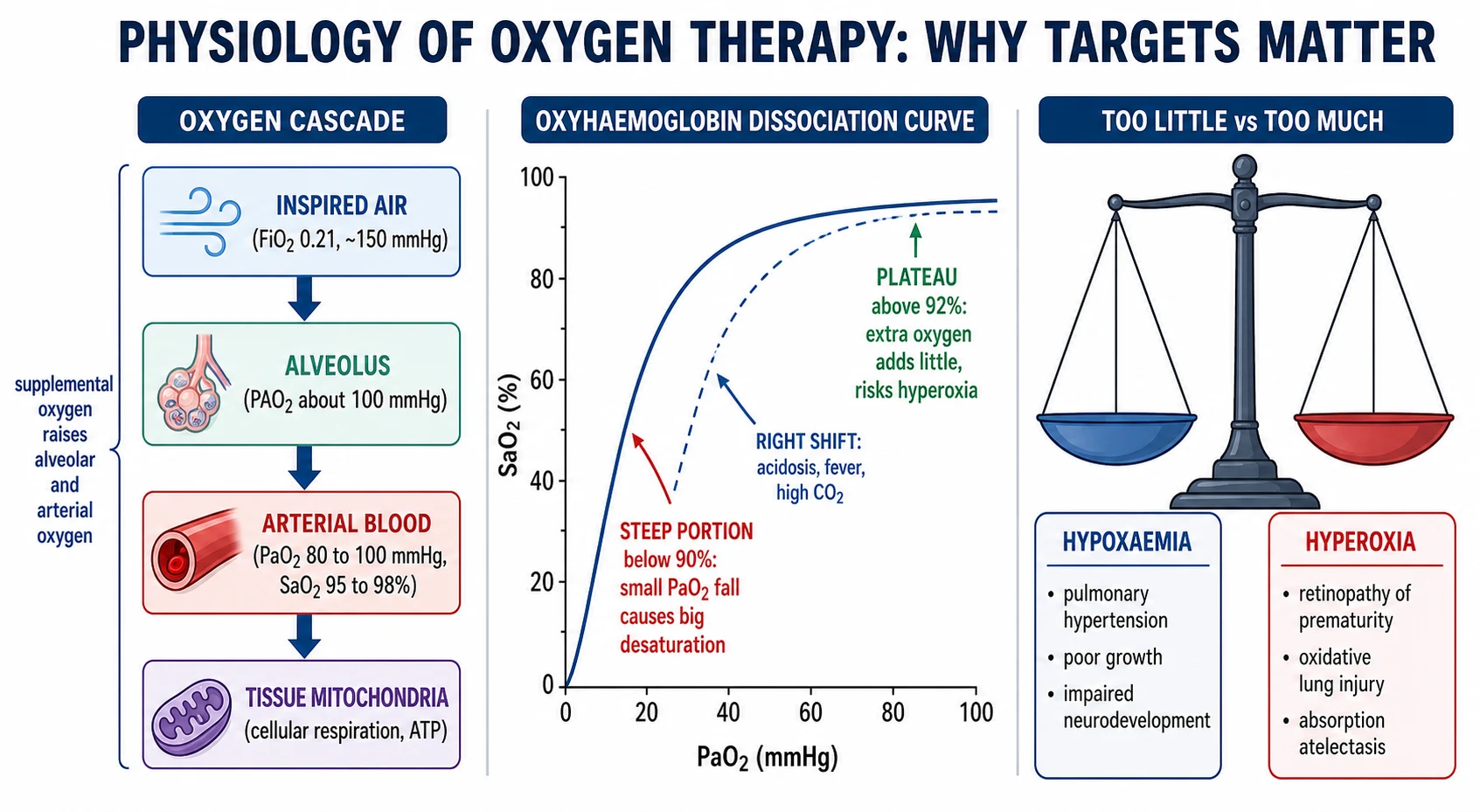 Physiology of oxygen therapy in three panels. The oxygen cascade falls from inspired air at about one hundred and fifty millimetres of mercury, through the alveolus at about one hundred, to arterial blood at eighty to one hundred with saturation ninety-five to ninety-eight per cent, to the tissue mitochondria; supplemental oxygen raises alveolar and arterial oxygen. The sigmoid oxyhaemoglobin dissociation curve plots saturation against arterial oxygen tension, with a steep portion below ninety per cent where a small fall in oxygen tension causes a large desaturation, and a plateau above ninety-two per cent where extra oxygen adds little and risks hyperoxia, with a right shift from acidosis, fever and high carbon dioxide. A balance scale weighs hypoxaemia harms of pulmonary hypertension, poor growth and impaired neurodevelopment against hyperoxia harms of retinopathy of prematurity, oxidative lung injury and absorption atelectasis.