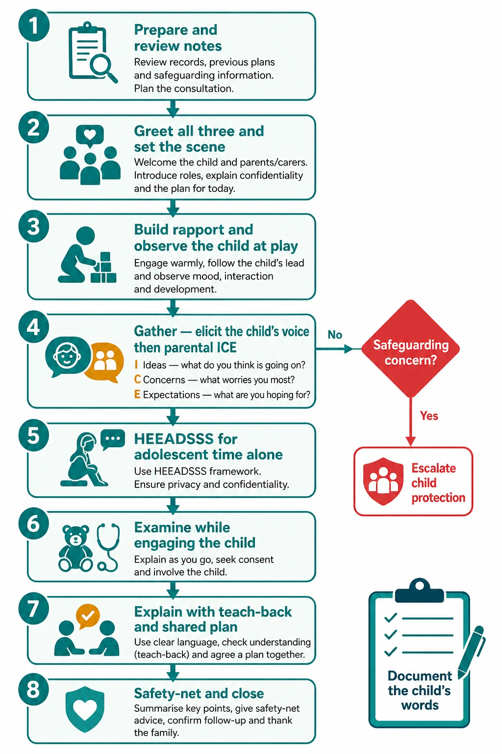 Stepwise algorithm from preparation through greeting, rapport, gathering, adolescent HEEADSSS, examination, shared plan with teach-back, and safety-netted closure, with a safeguarding escalation branch