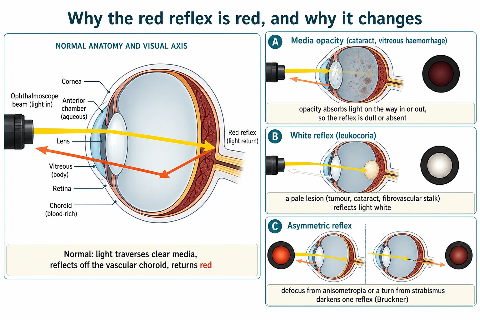 Schematic with a labelled horizontal cross-section of the eye showing the visual axis (cornea, anterior chamber and aqueous, lens, vitreous, retina, blood-rich choroid) and an ophthalmoscope beam entering as a yellow arrow and returning as an orange-red glow; paired side panels showing a media opacity such as a cataract or vitreous haemorrhage blocking and dulling the reflex, a pale lesion reflecting light white to produce leukocoria, and defocus or a turn from anisometropia or strabismus darkening one reflex asymmetrically (the Bruckner principle)