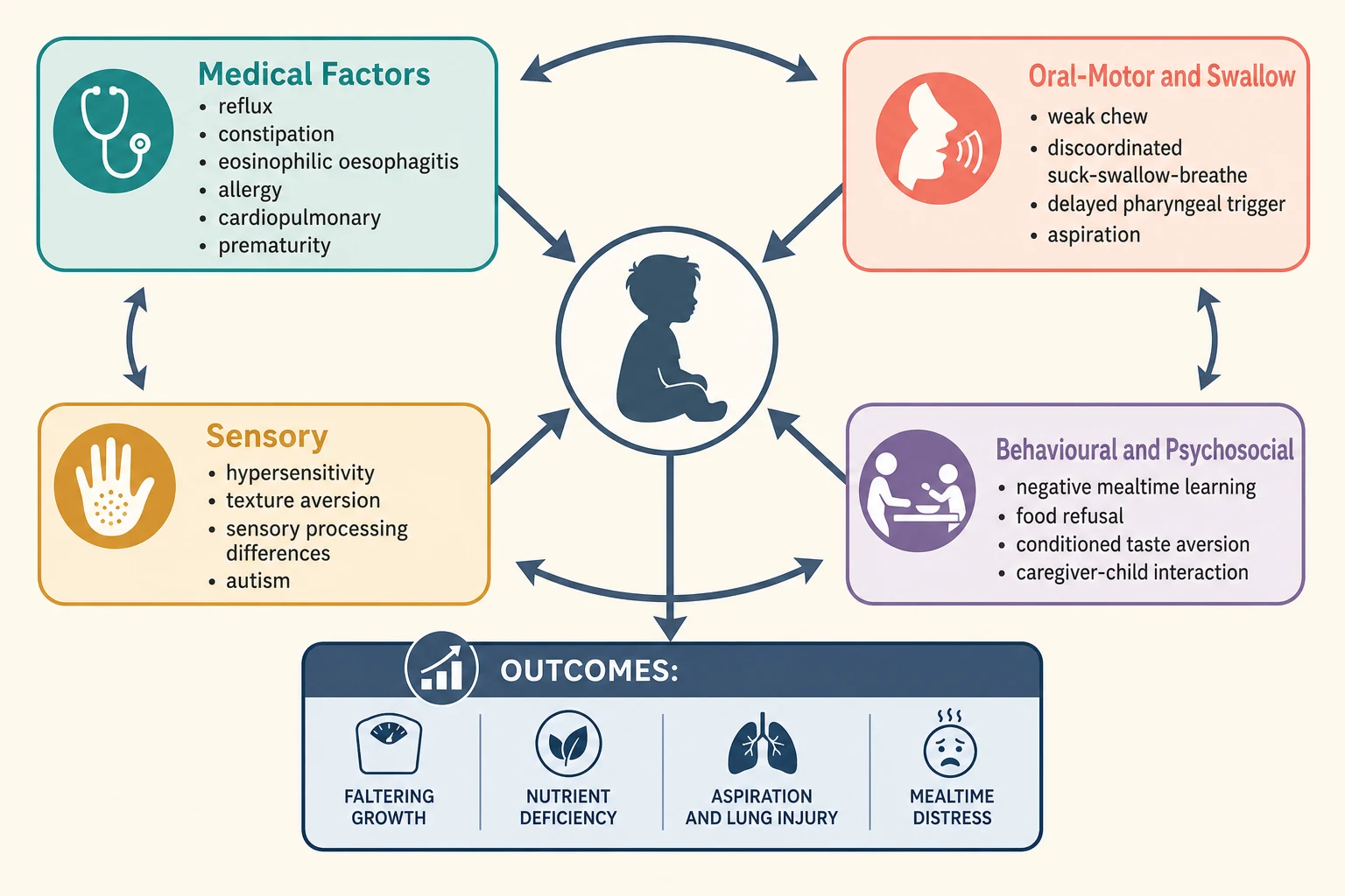 Biopsychosocial causal model of paediatric feeding disorder: a central child figure with four interacting nodes of medical factors including reflux constipation and eosinophilic oesophagitis, oral-motor and swallow factors, sensory factors including hypersensitivity and autism, and behavioural and psychosocial factors, with curved reciprocal arrows between nodes and a downward arrow to outcomes of faltering growth, nutrient deficiency, aspiration and mealtime distress
