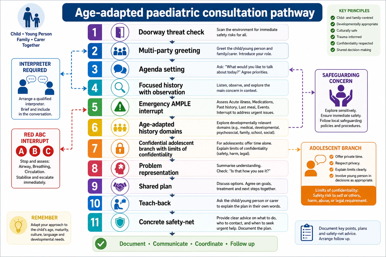 Stepwise paediatric consultation algorithm from doorway threat check through teach-back and safety-net with interpreter and safeguarding branches