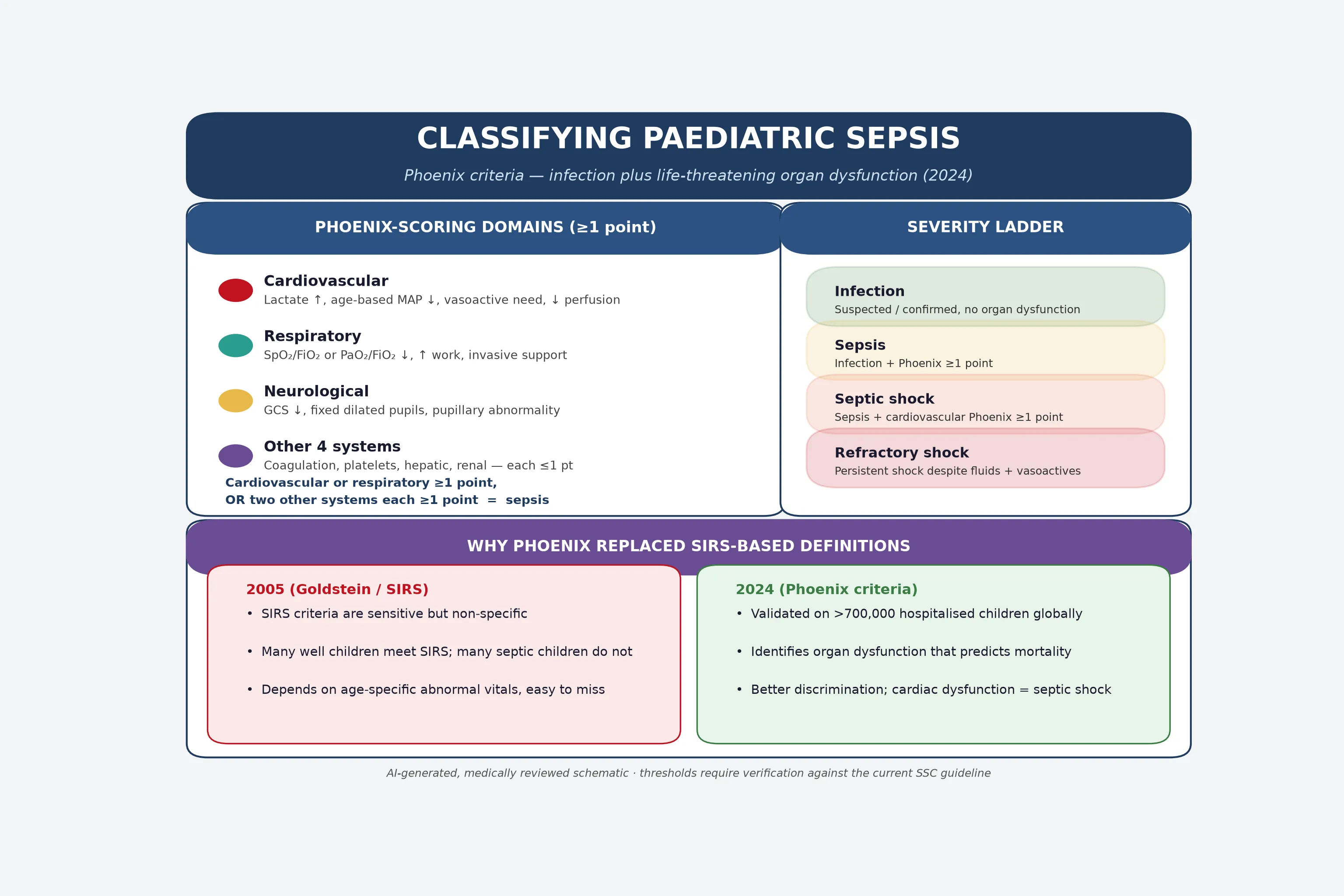 Educational schematic of the Phoenix sepsis criteria: four scoring domains (cardiovascular, respiratory, neurological, and other four systems) on the left, a severity ladder from infection to refractory shock on the right, and a comparison panel explaining why Phoenix replaced SIRS-based definitions