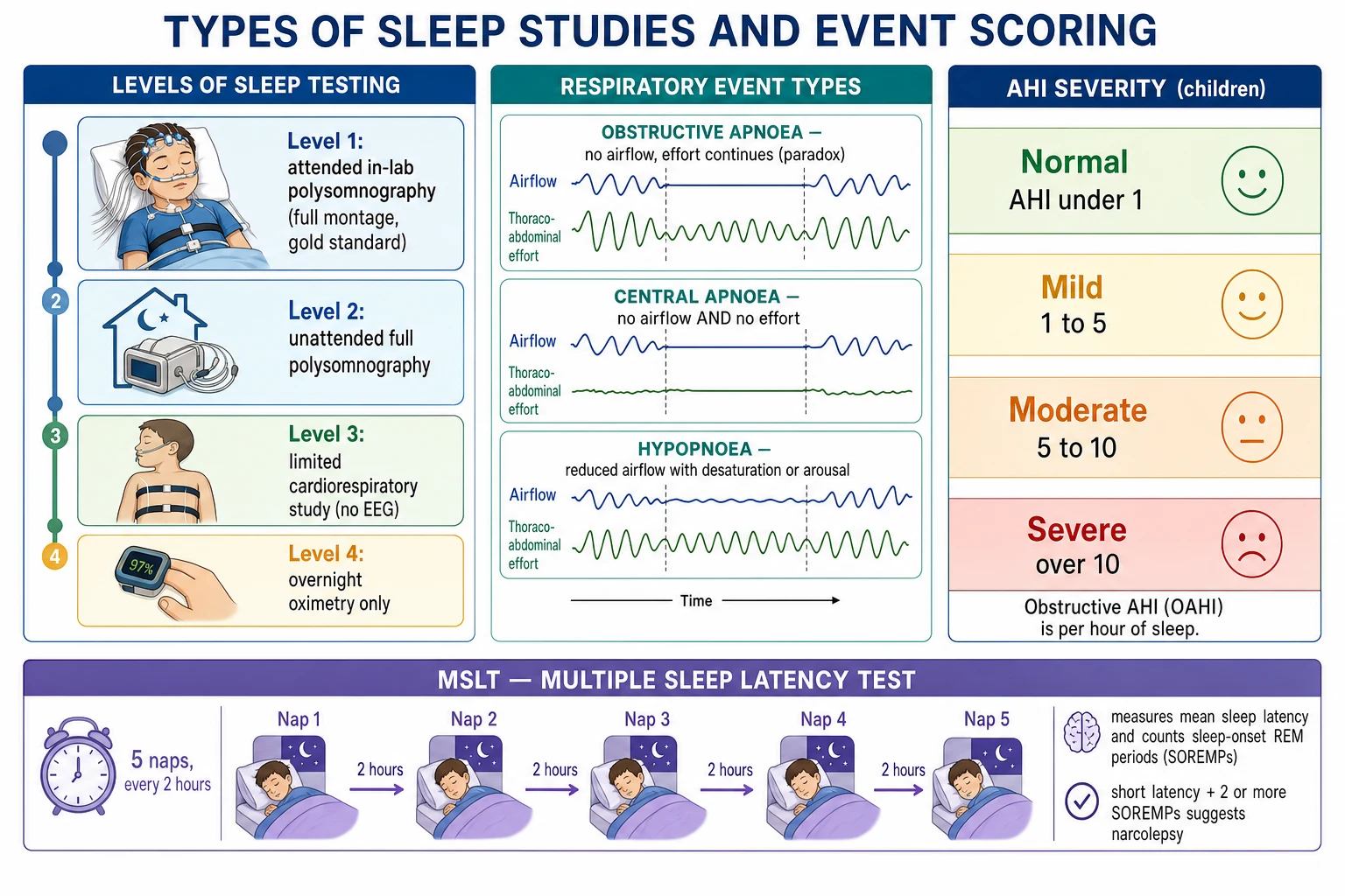 Classification of paediatric sleep testing. On the left a ladder of four levels: level one attended in-laboratory polysomnography with the full montage as the gold standard, level two unattended full polysomnography, level three limited cardiorespiratory study without electroencephalography, and level four overnight oximetry only. In the middle three paired airflow and effort waveforms define the respiratory event types: obstructive apnoea with no airflow but continued effort and paradox, central apnoea with no airflow and no effort, and hypopnoea with reduced airflow plus desaturation or arousal. On the right a coloured ladder grades the obstructive apnoea-hypopnoea index in children as normal below one, mild one to five, moderate five to ten and severe above ten events per hour. A bottom strip shows the multiple sleep latency test as five naps every two hours measuring mean sleep latency and counting sleep-onset REM periods, with a short latency and two or more such periods suggesting narcolepsy.