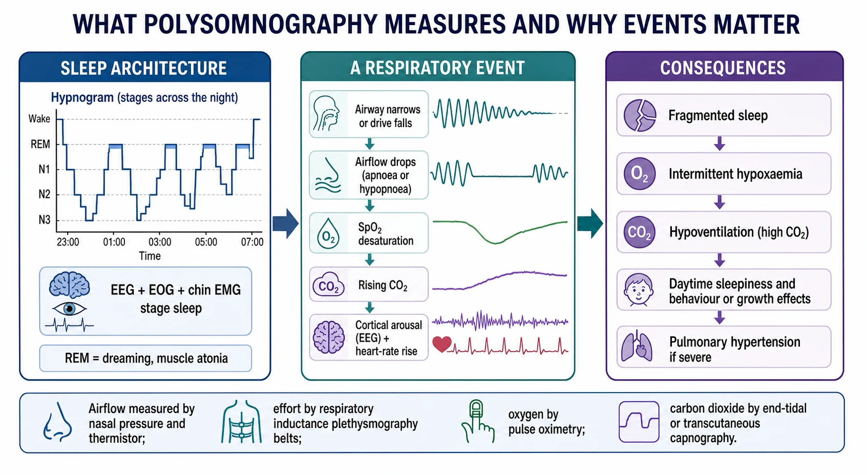 What polysomnography measures and why events matter. On the left a hypnogram plots sleep stages wake, REM, N1, N2 and N3 across the night, with a note that the electroencephalogram, electro-oculogram and chin electromyogram stage sleep and that REM sleep brings muscle atonia. In the middle a chain of waveforms with arrows shows a respiratory event: the airway narrows or drive falls, then airflow drops as an apnoea or hypopnoea, then oxygen saturation desaturates, then carbon dioxide rises, then a cortical arousal on the electroencephalogram with a heart-rate rise. On the right a downward list of consequences: fragmented sleep, intermittent hypoxaemia, hypoventilation with high carbon dioxide, daytime sleepiness with behaviour or growth effects, and pulmonary hypertension if severe. A caption notes that airflow is measured by nasal pressure and thermistor, effort by respiratory inductance plethysmography belts, oxygen by pulse oximetry and carbon dioxide by end-tidal or transcutaneous capnography.