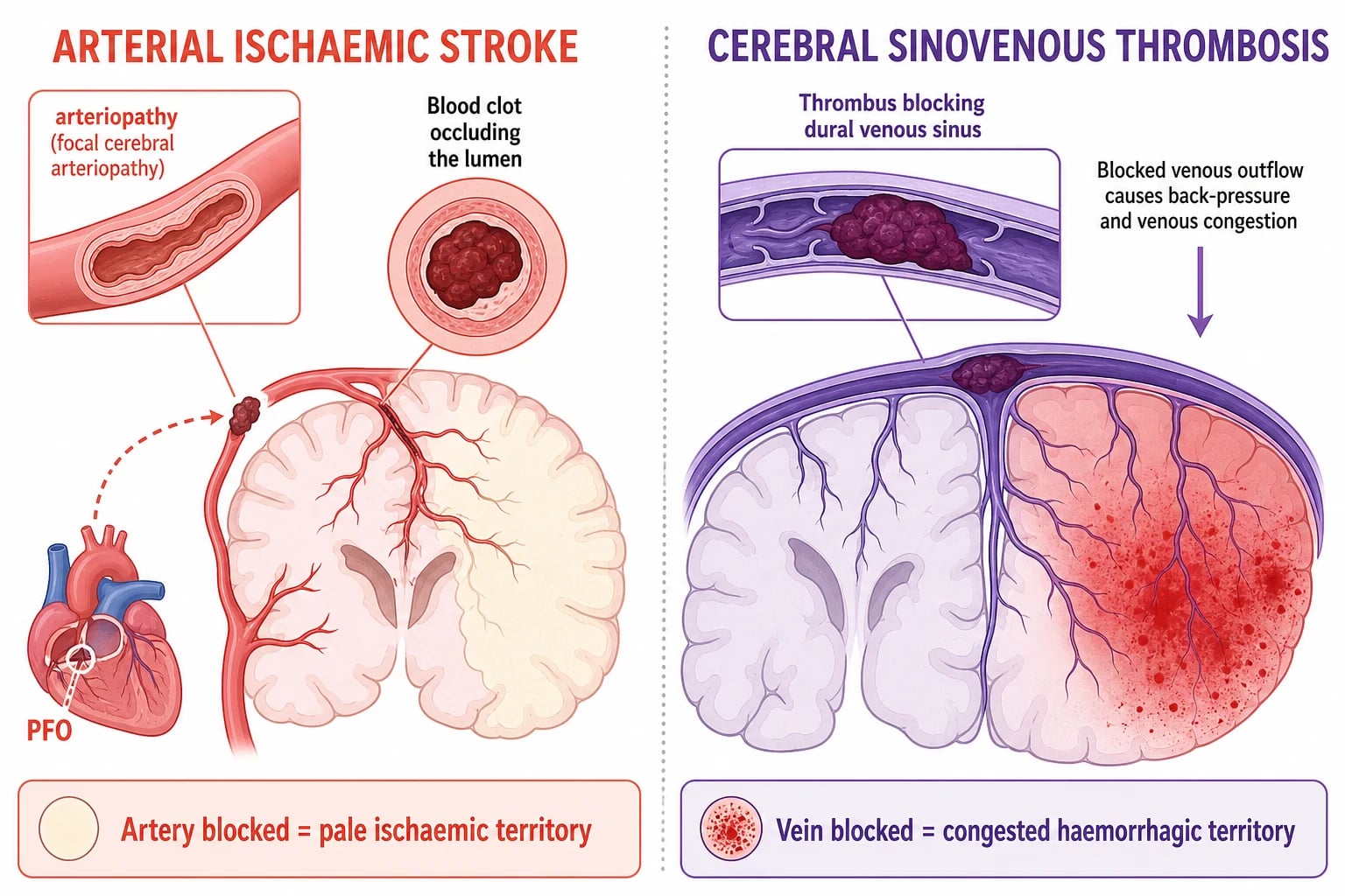 A clean scientific causal schematic on a white background comparing the mechanisms of arterial ischaemic stroke and cerebral sinovenous thrombosis side by side. The left half in coral tones shows an artery with an irregular narrowed wall labelled arteriopathy and a clot occluding the lumen, with the downstream brain territory shaded pale to show ischaemia, and a heart icon with a patent foramen ovale label feeding a cardioembolic clot via a dashed arrow. The right half in purple tones shows a dural venous sinus with a thrombus blocking venous outflow, with back-pressure causing a venous territory to become congested and haemorrhagic. A caption reads artery blocked equals pale ischaemic territory on the left and vein blocked equals congested haemorrhagic territory on the right.