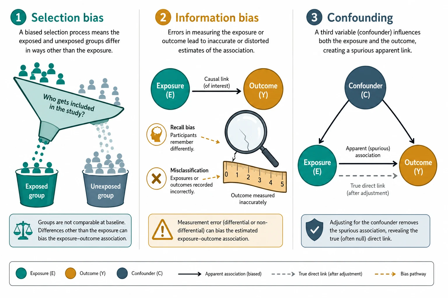 Three labelled panels showing how selection bias distorts who enters each group, information bias warps the measurement of exposure or outcome, and confounding sends a third variable through both the exposure and the outcome to create a spurious link that vanishes on adjustment
