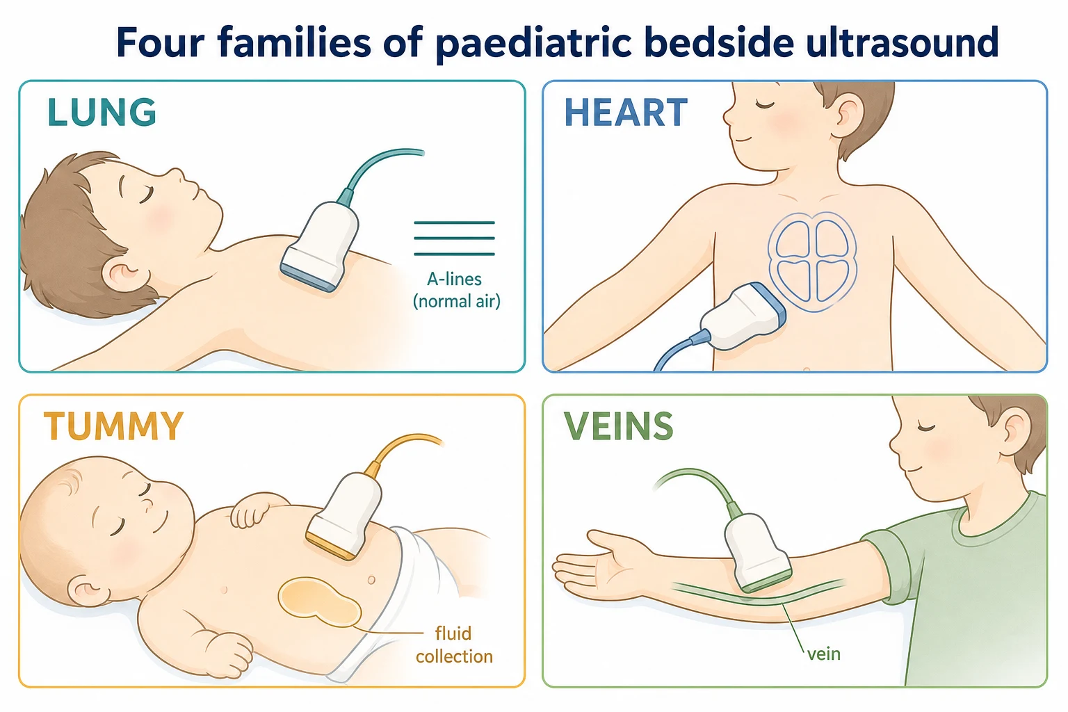 Educational schematic of the four families of paediatric point-of-care ultrasound — lung (probe on the chest wall with stylised A-lines and a B-line), cardiac and FAST (a child torso with the four FAST windows marked), abdominal (probe with a stylised target sign of intussusception and a pyloric outline), and vascular or procedural (a transverse vessel cross-section with a needle guided under the probe)