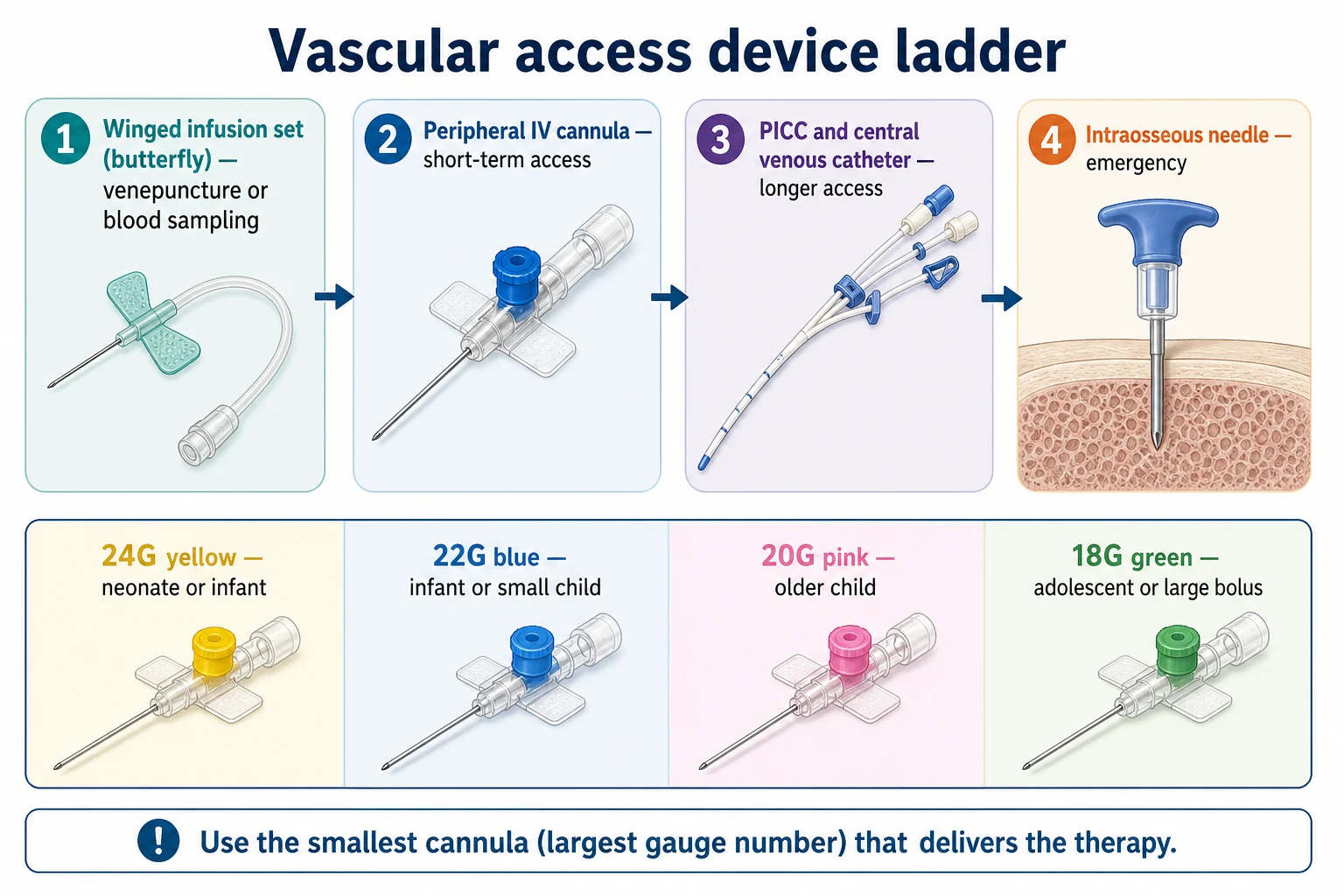 A four-stage ladder from winged infusion set to peripheral IV cannula to PICC and central line to intraosseous needle, with a lower row of colour-coded cannula gauges by age
