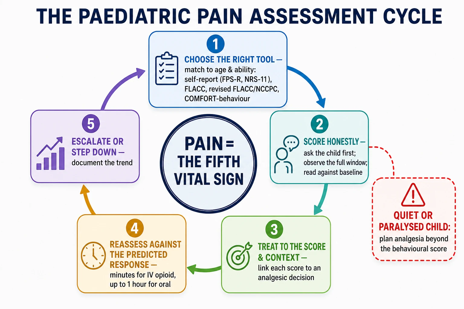 Circular flowchart of the paediatric pain assessment cycle with five connected boxes — choose the right tool, score, treat to the score, reassess against the predicted response, escalate or step down — with a red dashed callout warning that a quiet or paralysed child needs explicit analgesia beyond the behavioural score