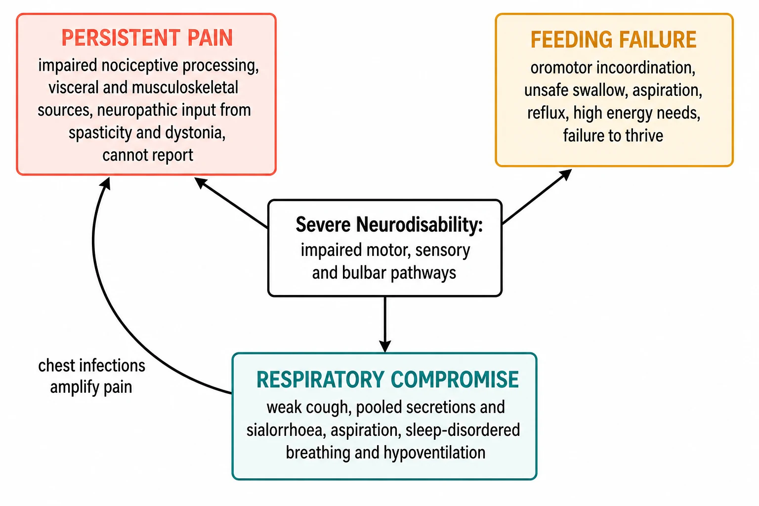 A mechanism diagram on a white background with a central box reading Severe Neurodisability impaired motor sensory and bulbar pathways. Three arrows radiate to outcome panels: persistent pain from impaired nociceptive processing and neuropathic input, feeding failure from oromotor incoordination and unsafe swallow and aspiration, and respiratory compromise from weak cough and pooled secretions and sleep-disordered breathing. A feedback arrow reads chest infections amplify pain.