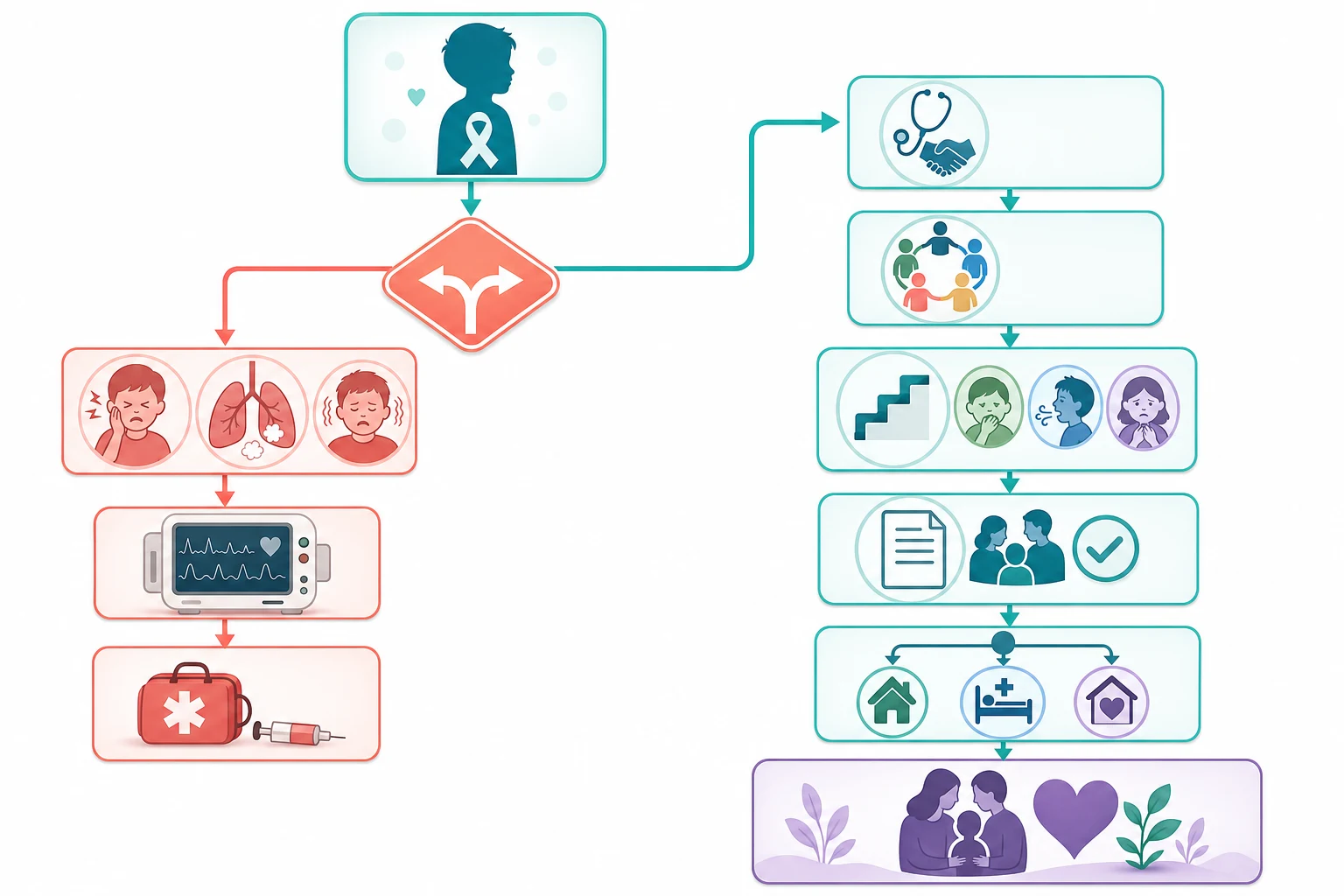 A clean medical-education management flowchart on a white background. A top rounded box shows a child silhouette with a cancer ribbon, leading by a teal arrow to a coral decision diamond. A left coral branch for the acute crisis shows icons for the pain flare, the respiratory distress and the seizure, leading to an intensive-care monitor. A right teal branch for the stable planning pathway leads through five boxed stages connected by arrows for the early referral, the multidisciplinary team, the analgesic-ladder staircase with the symptom icons, the advance-care-planning document with the family and checkmark, and the place-of-care branching with the home, the hospital and the hospice. A violet box at the bottom right shows a family with a heart and a growing leaf for the bereavement follow-up. No text appears in the figure.